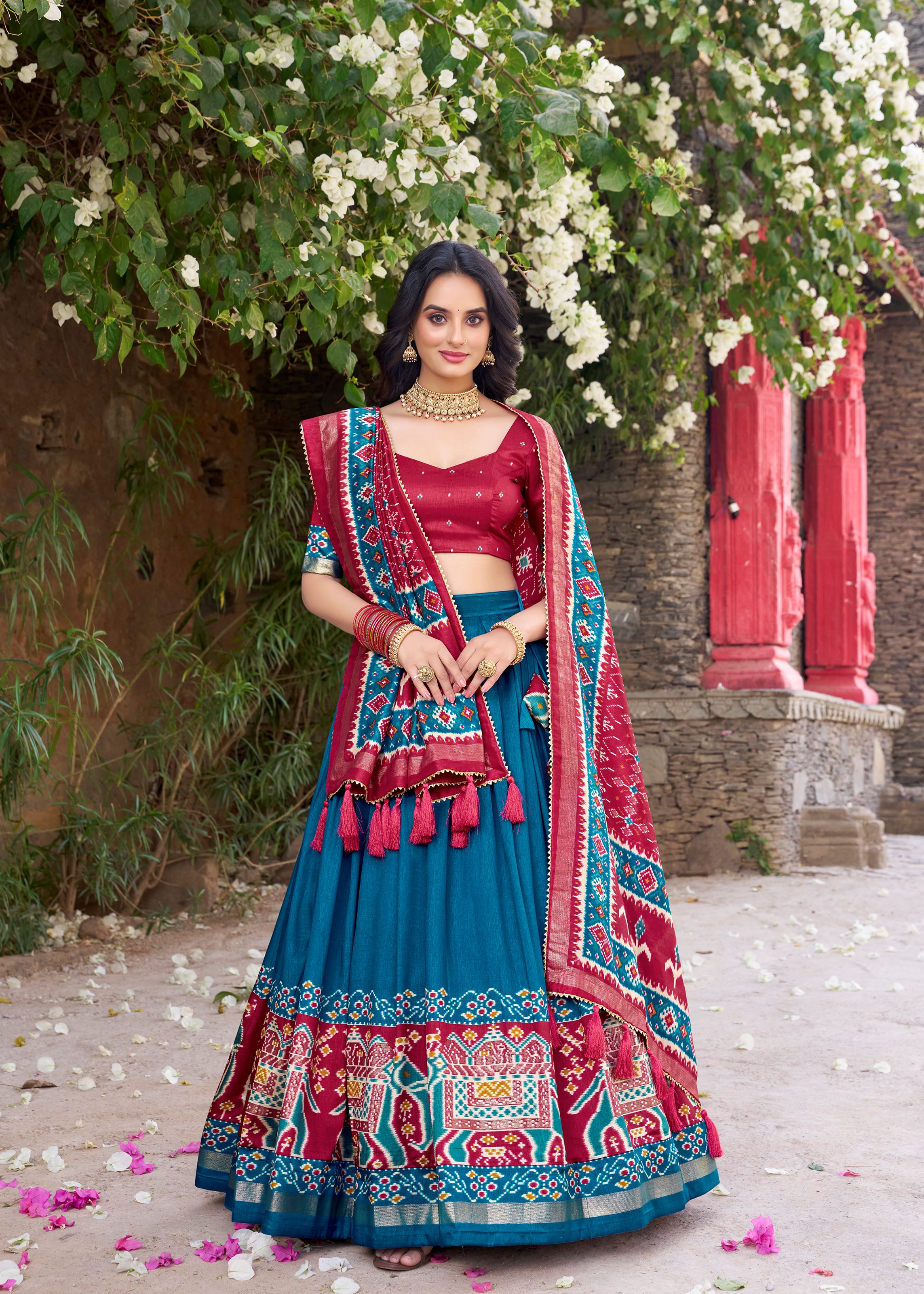 Teal Perfection Patola Printed Tussar Silk Lehenga with Foil Highlights