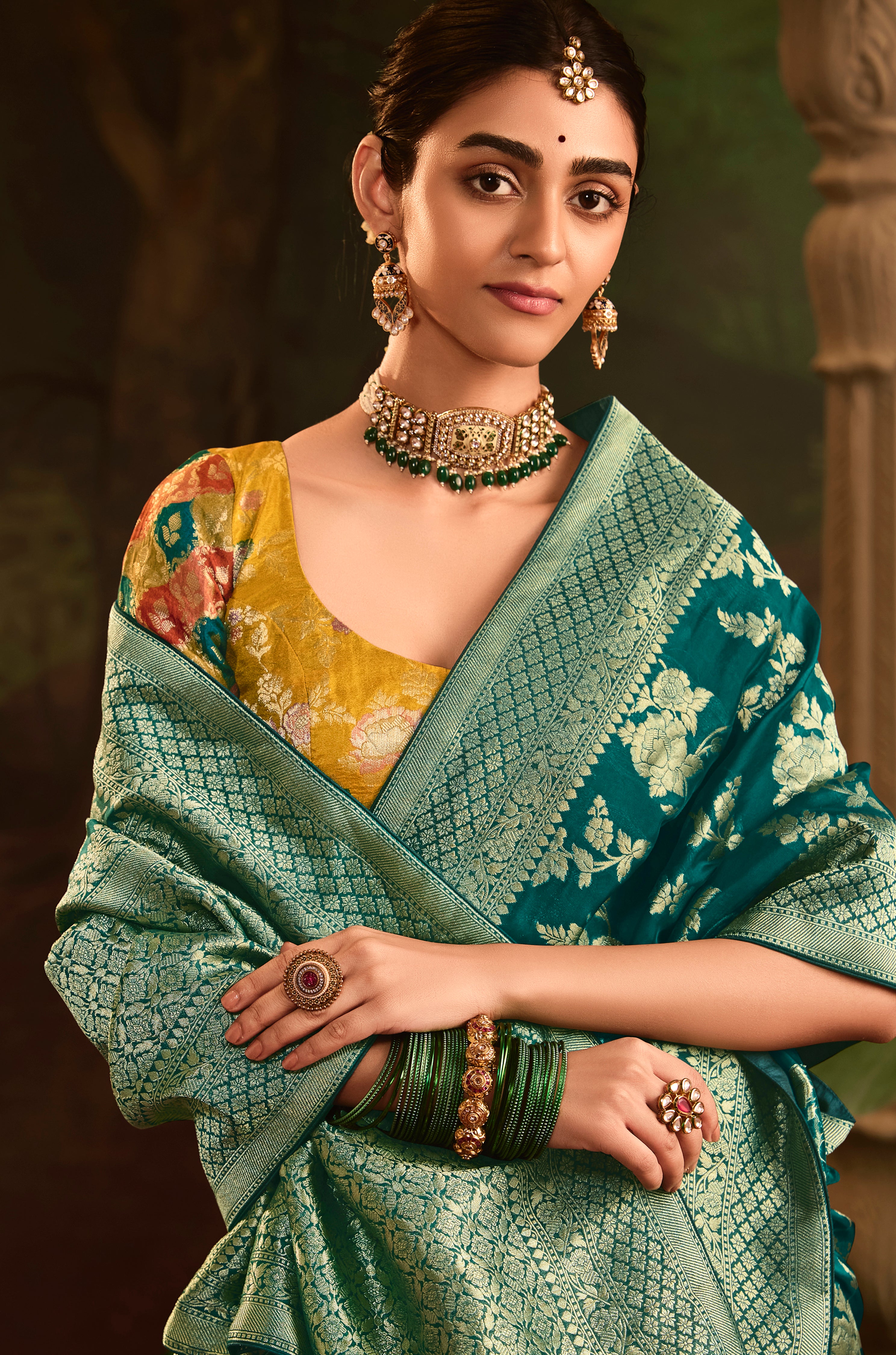 Teal Pure Crepe Dola Silk Saree With Jacquard Woven Work