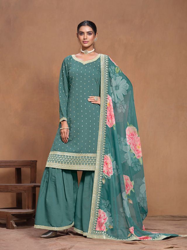 Teal Salwar Kameez With Thread Emboirdered Work