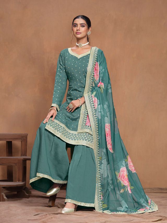 Teal Salwar Kameez With Thread Emboirdered Work
