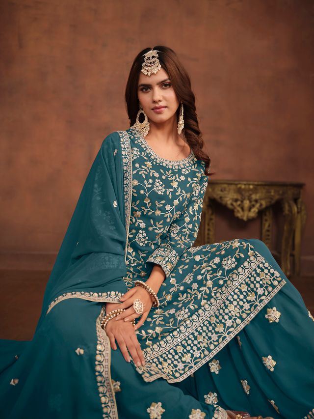 Teal Salwar Kameez With Thread Emboirdered Work