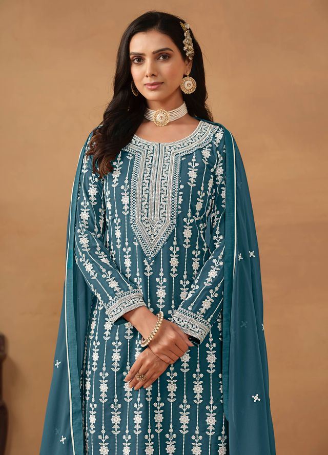 Teal Salwar Kameez With Thread Emboirdered Work