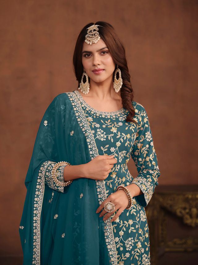Teal Salwar Kameez With Thread Emboirdered Work