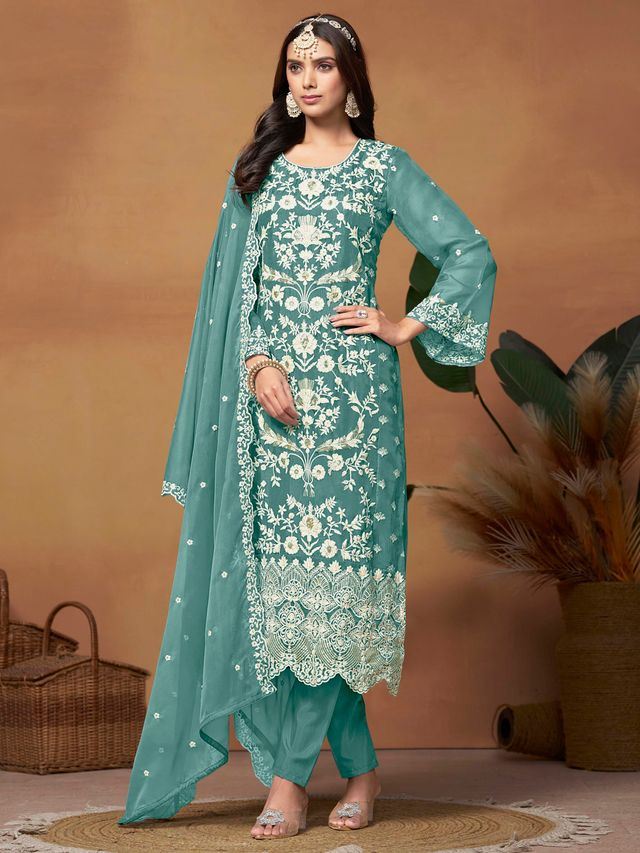 Teal Salwar Kameez With Thread Emboirdered Work