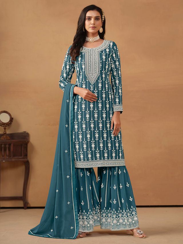 Teal Salwar Kameez With Thread Emboirdered Work