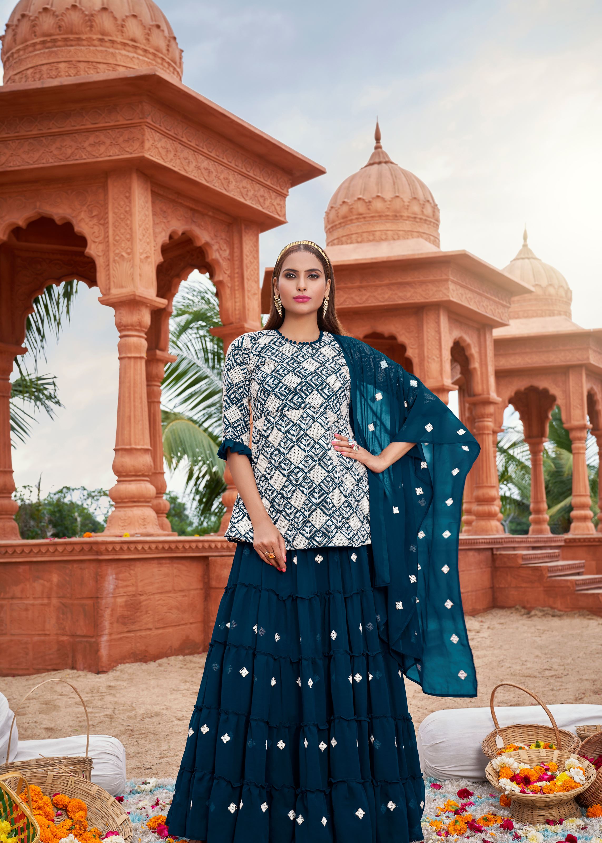 Teal Sarara Suite With Heavy Fox Georgette And Cotton Embroidery Work
