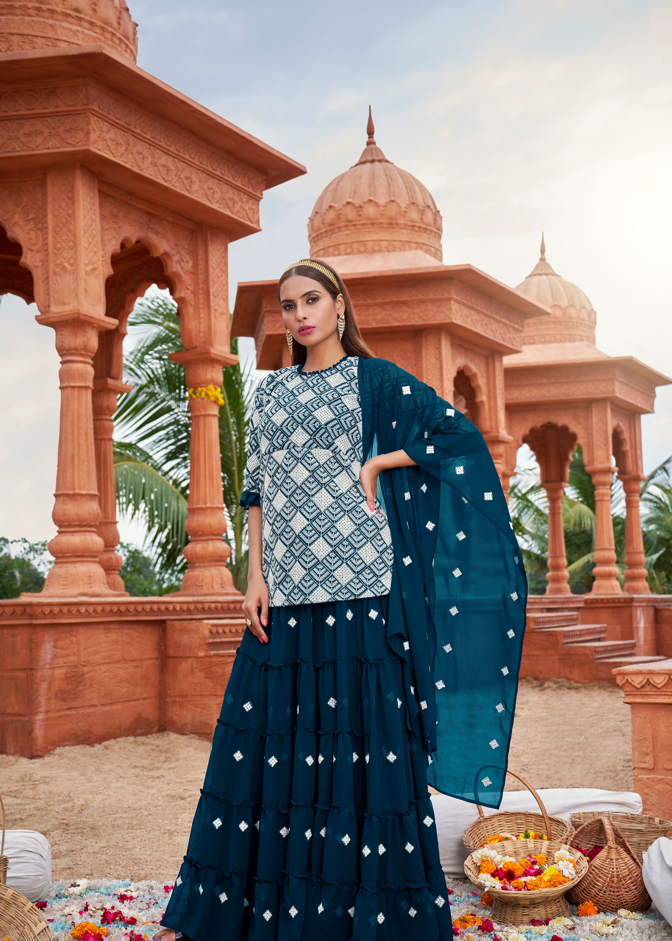 Teal Sarara Suite With Heavy Fox Georgette And Cotton Embroidery Work