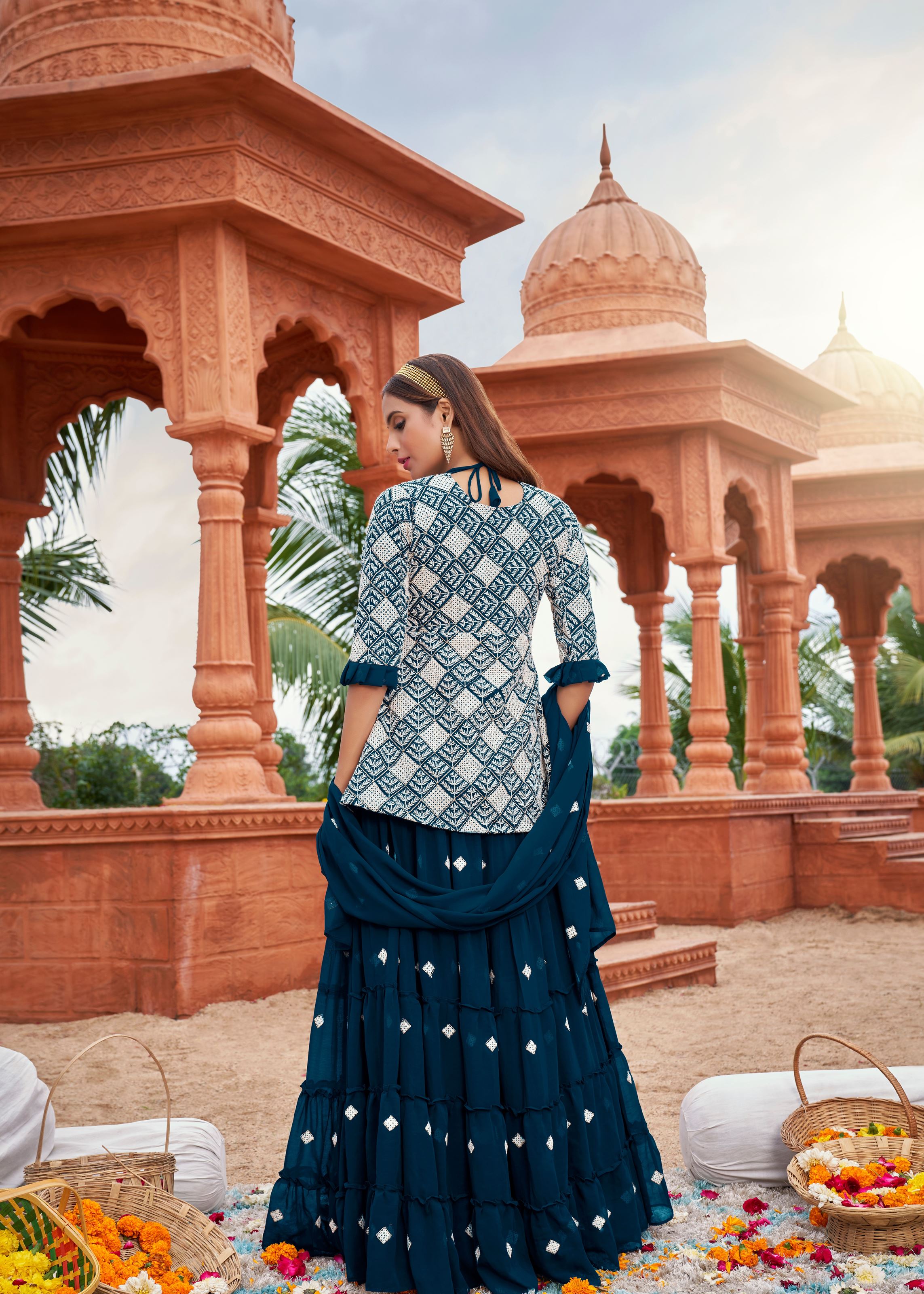 Teal Sarara Suite With Heavy Fox Georgette And Cotton Embroidery Work