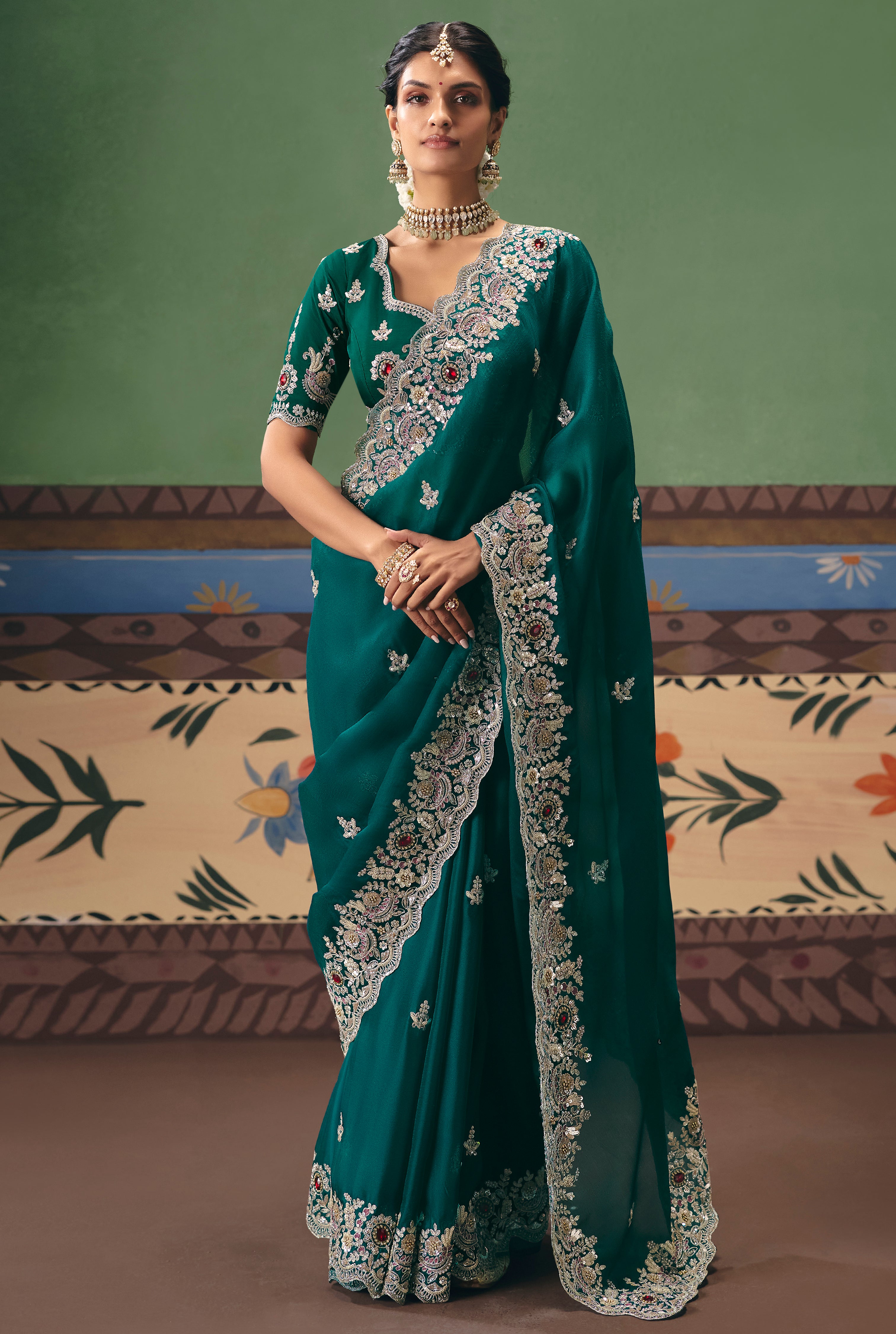 Teal Saree With Heavy Designer Embroidery, Sequince, Stone, Pearl With Beads Work