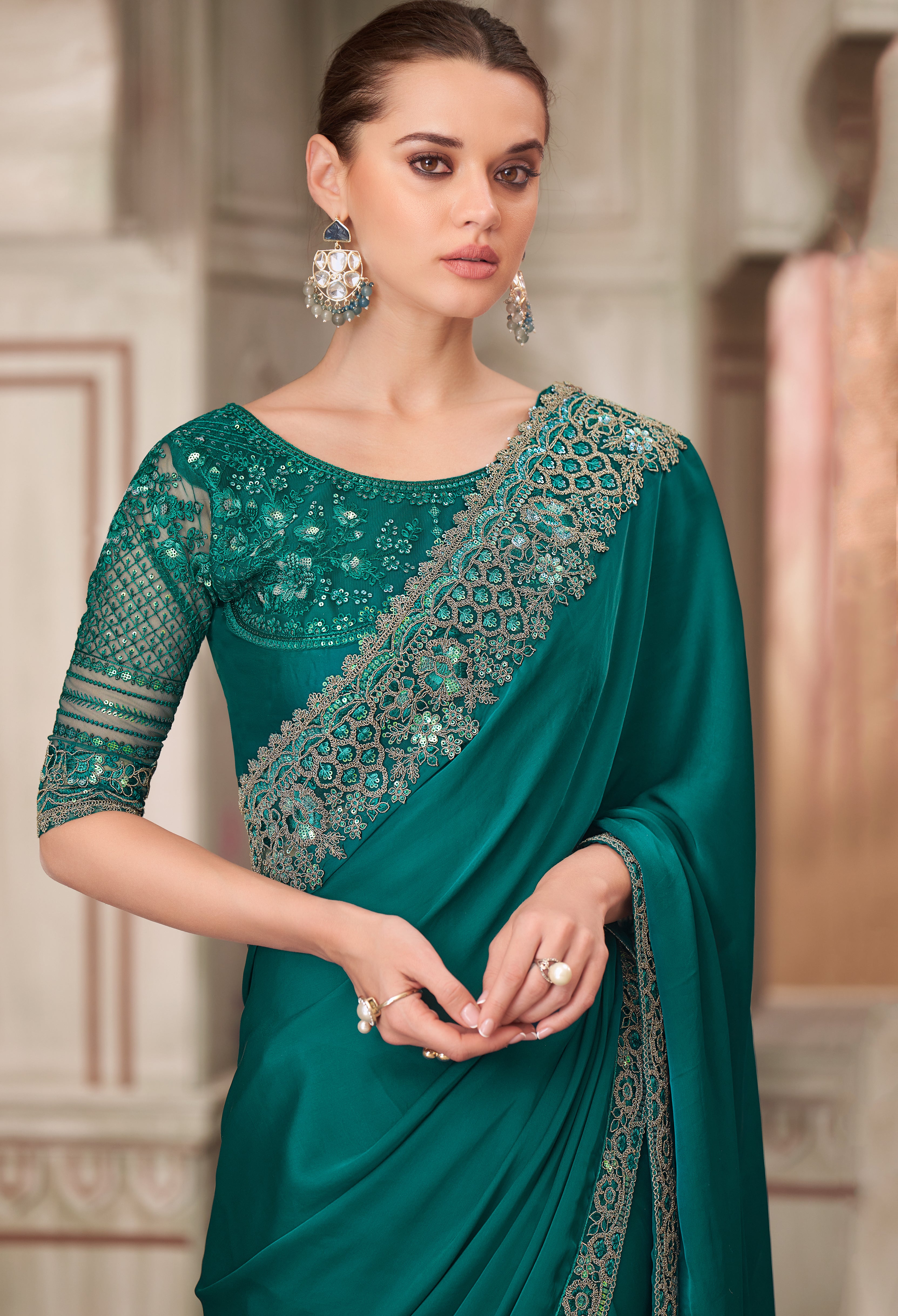 Teal Saree With Heavy Thread Embroidery Sequins Border Work With Embroidery Blouse