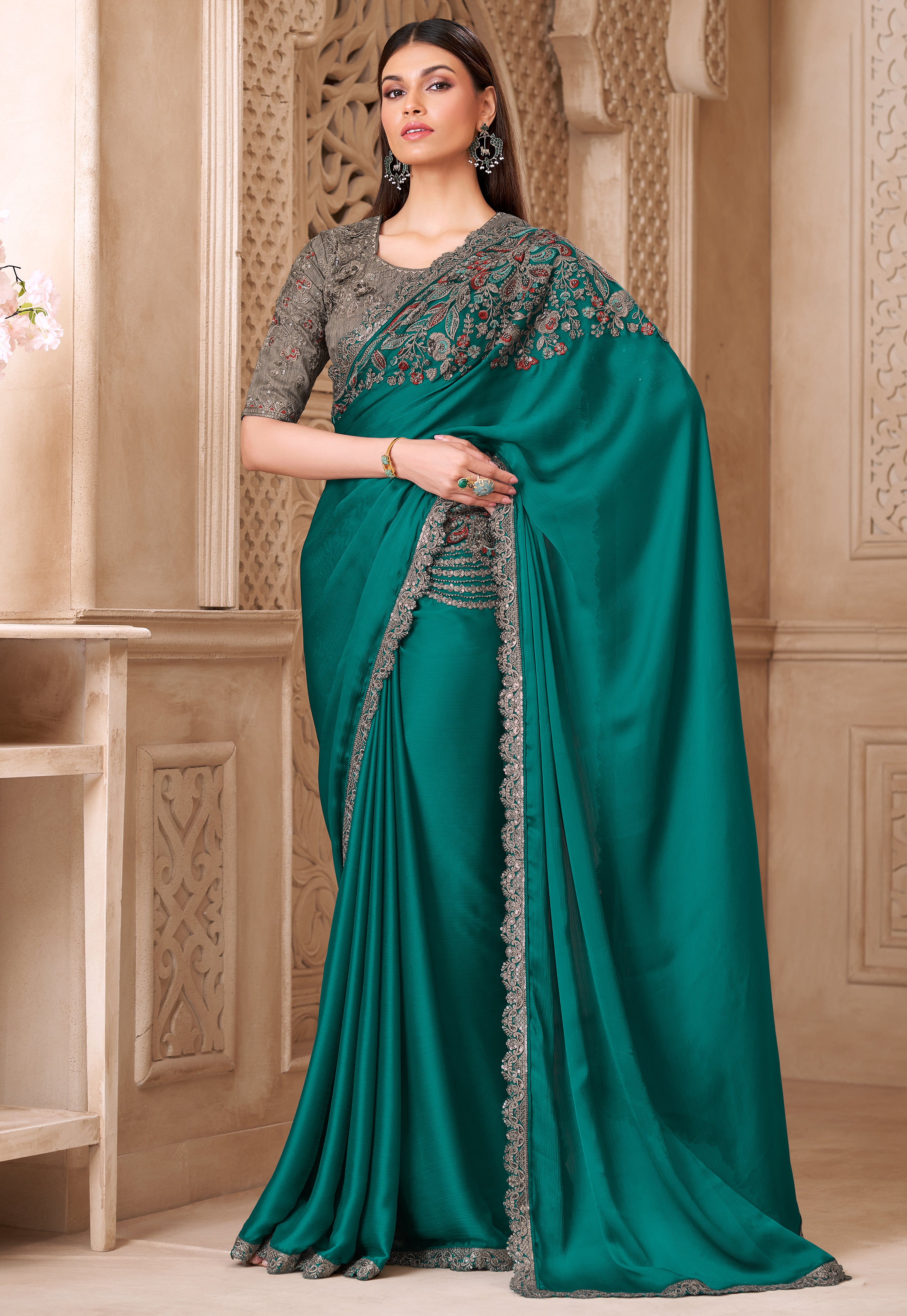 Teal Saree With Heavy Thread Embroidery, Stone Sequins Border Work With Embroidery Blouse
