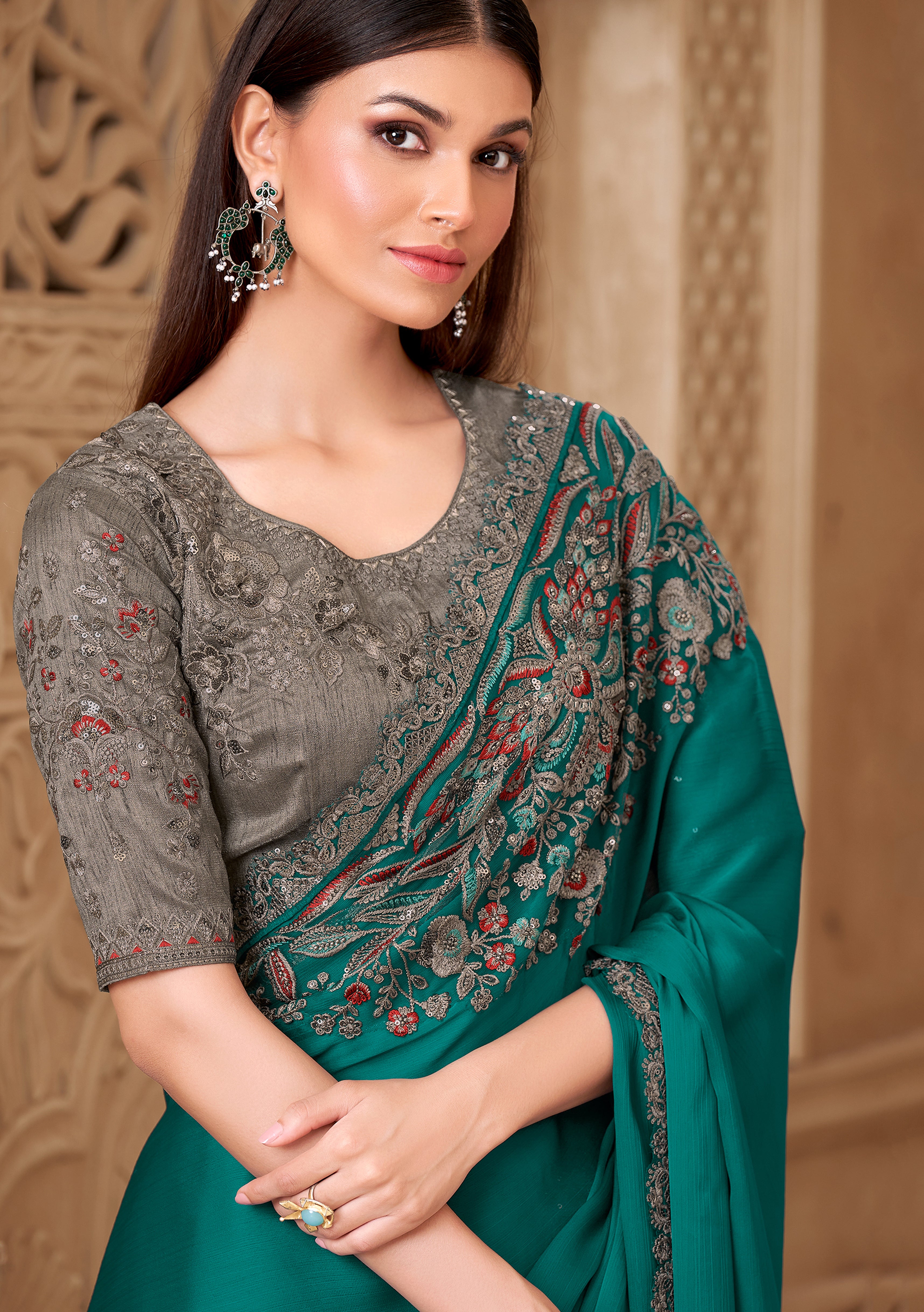 Teal Saree With Heavy Thread Embroidery, Stone Sequins Border Work With Embroidery Blouse