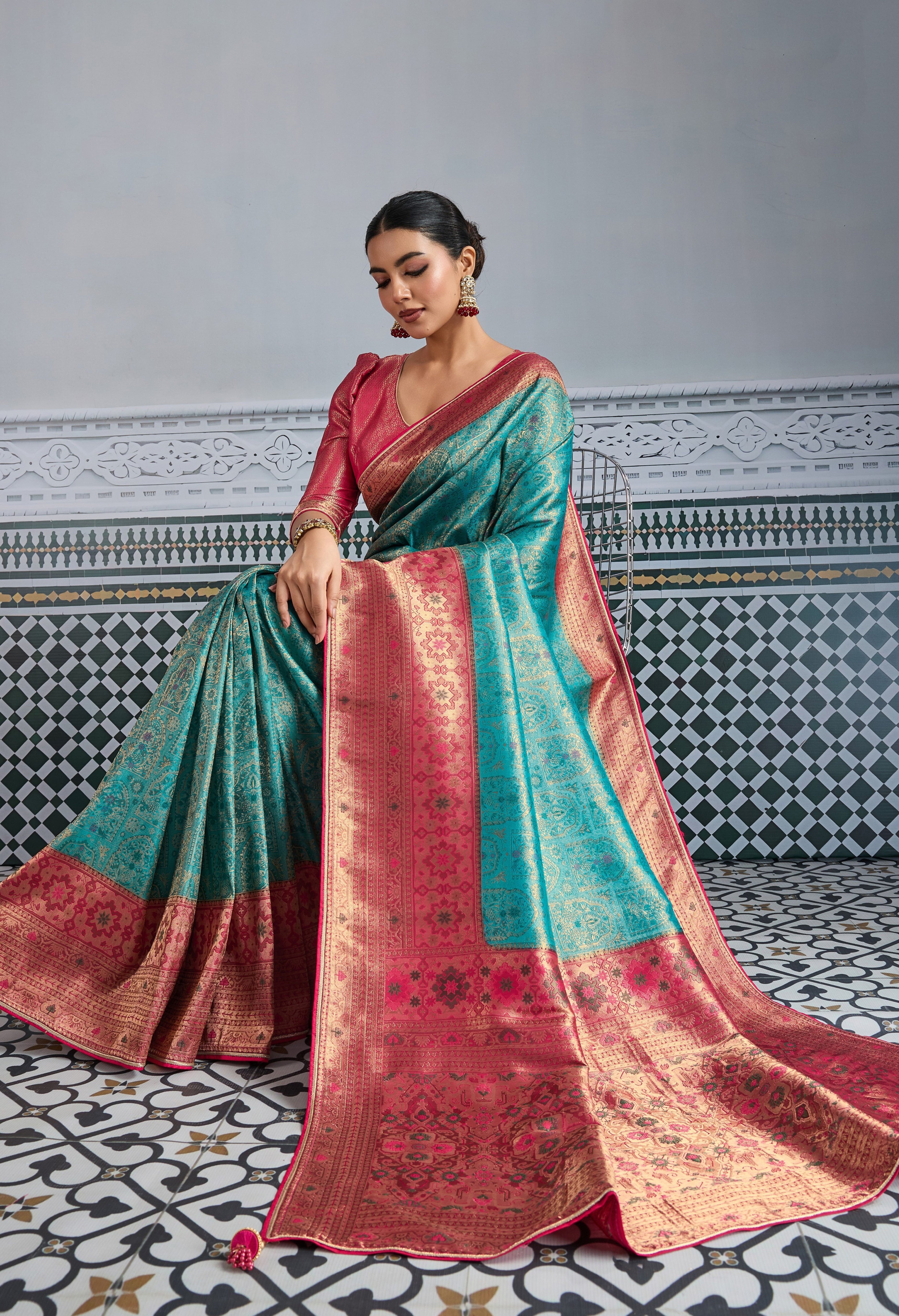 Teal Saree With Zari Meenakari Woven all over the saree With Broad & Intricate Patta, Exquisite Grand Pallu