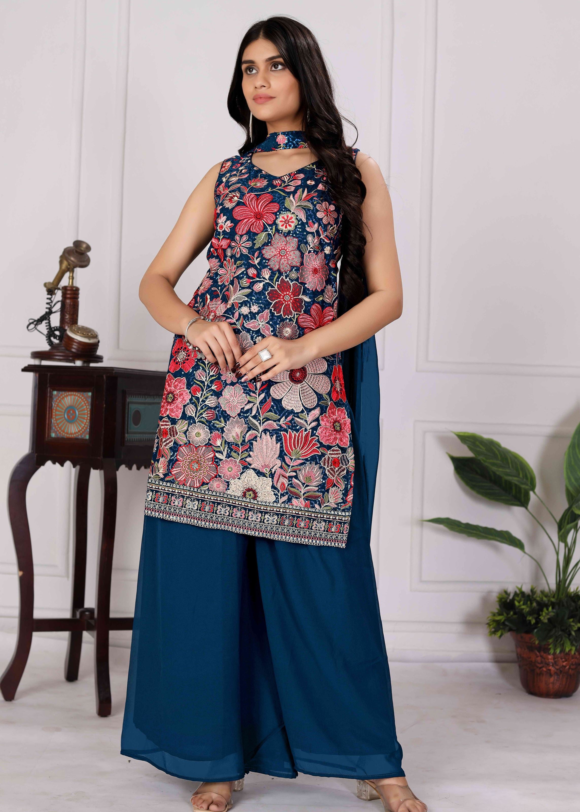 Teal Sharara Dress With Sequence Embroidered