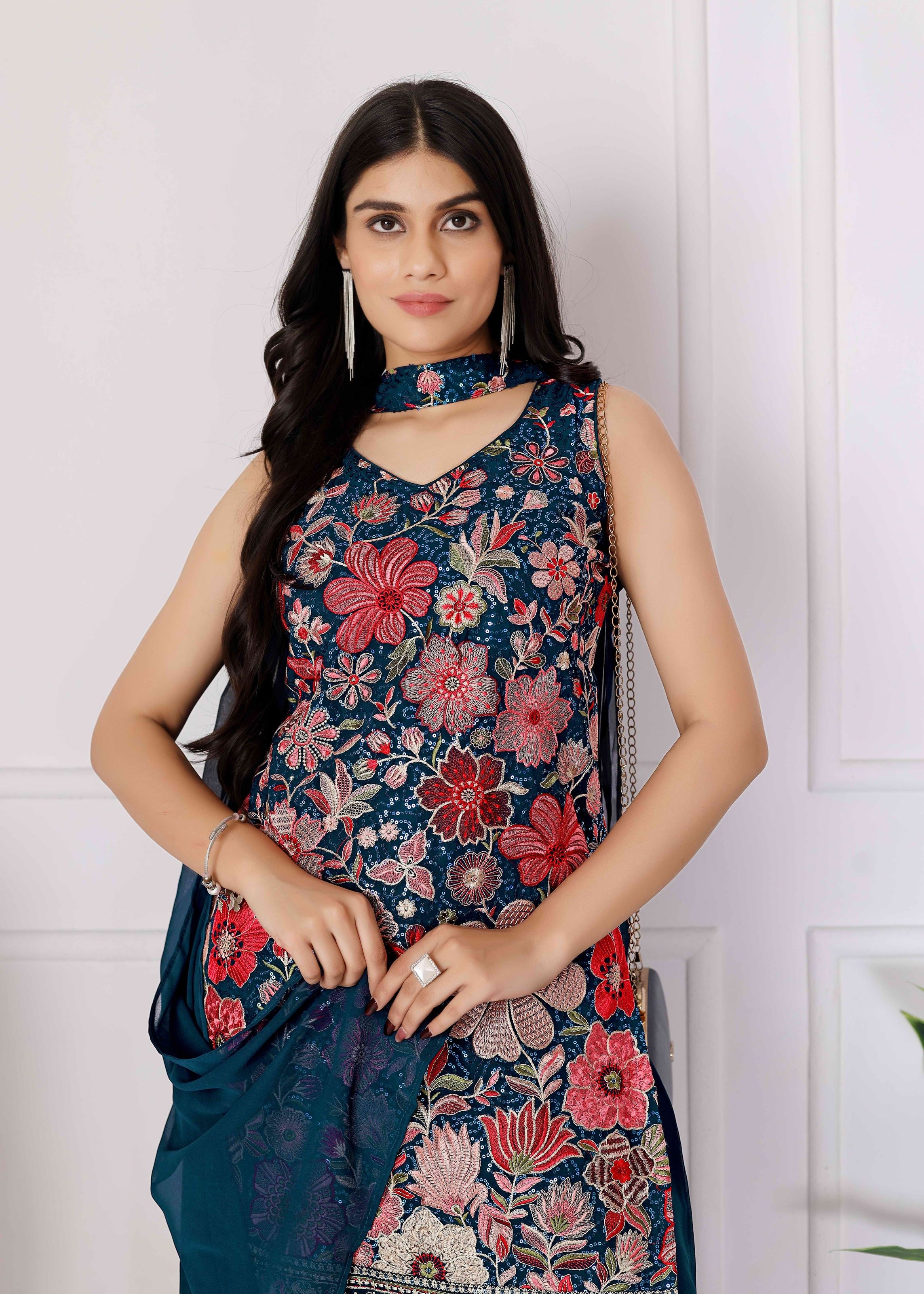 Teal Sharara Dress With Sequence Embroidered