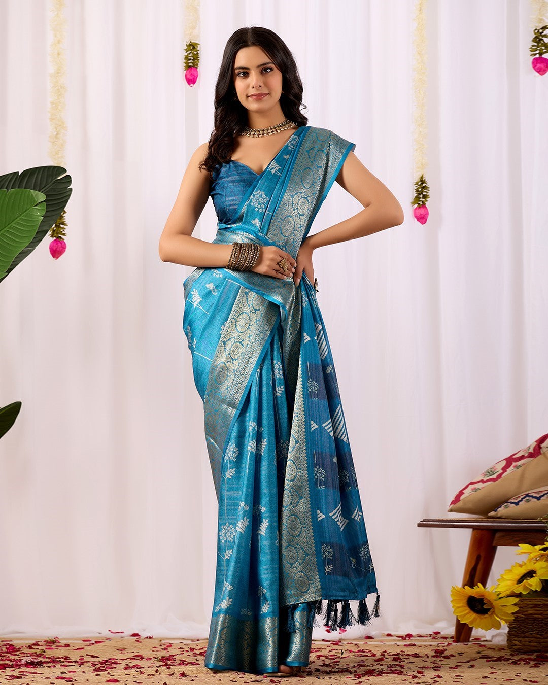 Teal Soft Lichi Silk Saree With Digital Printed Premium Designer Saree