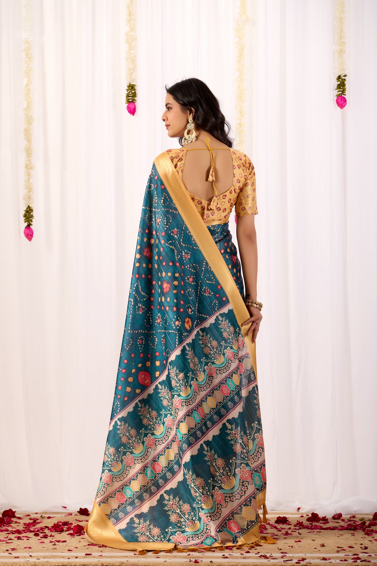Teal Soft Lichi Silk Saree With Digital Printed Premium Festive Saree