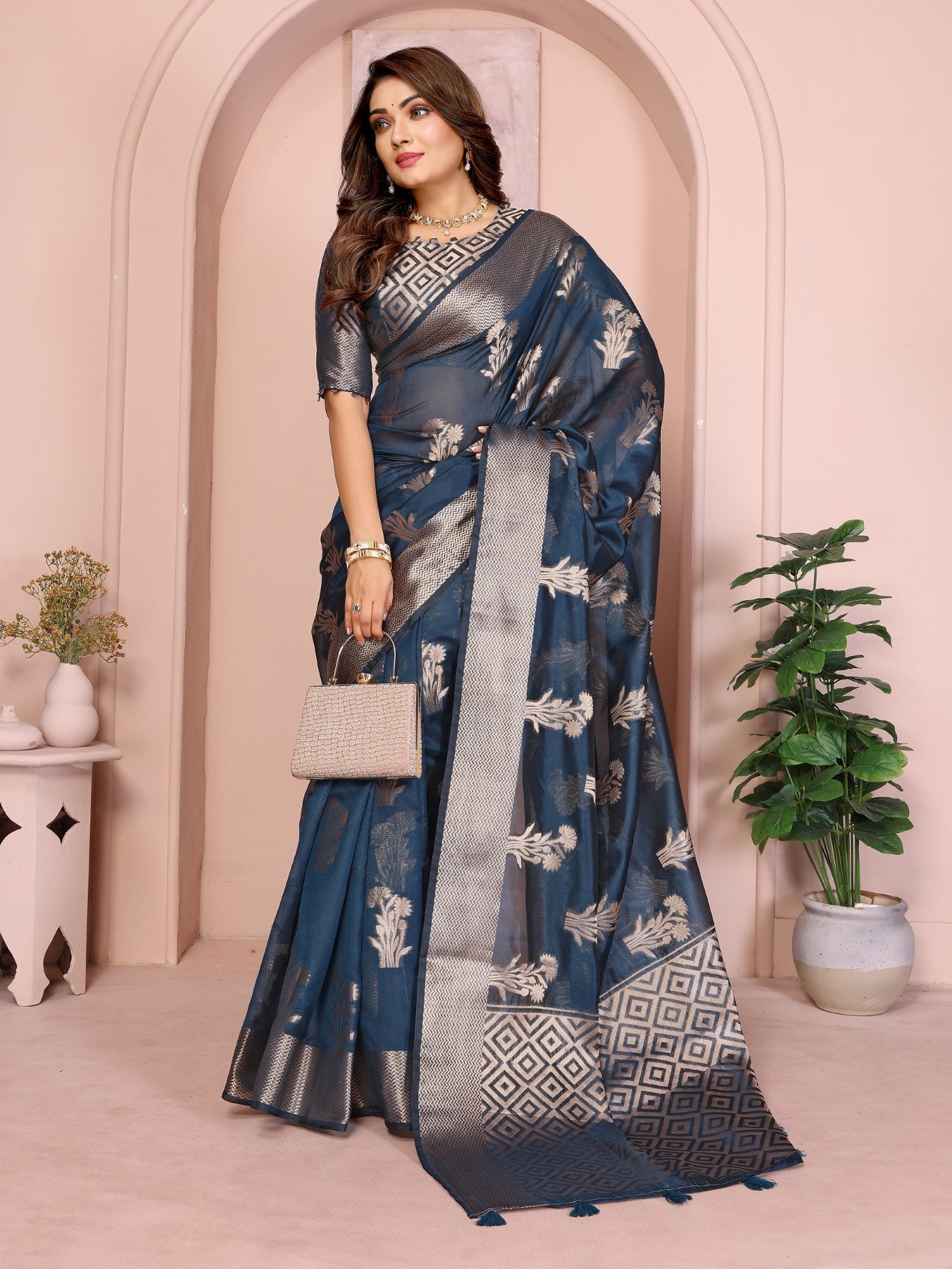 Teal Soft Organza Silk Saree With Elegant Weaving