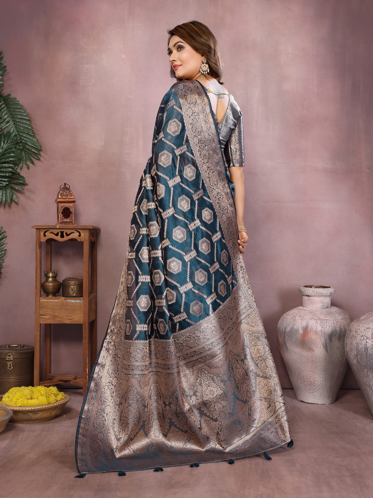 Teal Soft Organza Silk Saree With Elegant Weaving