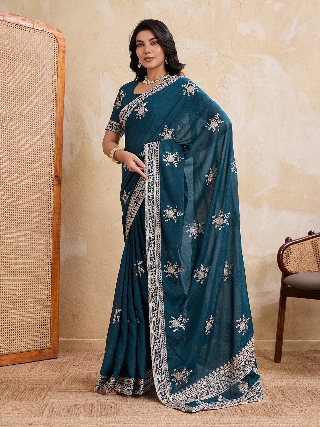 Teal Star Georgette Saree With Printed Premium Designer Saree