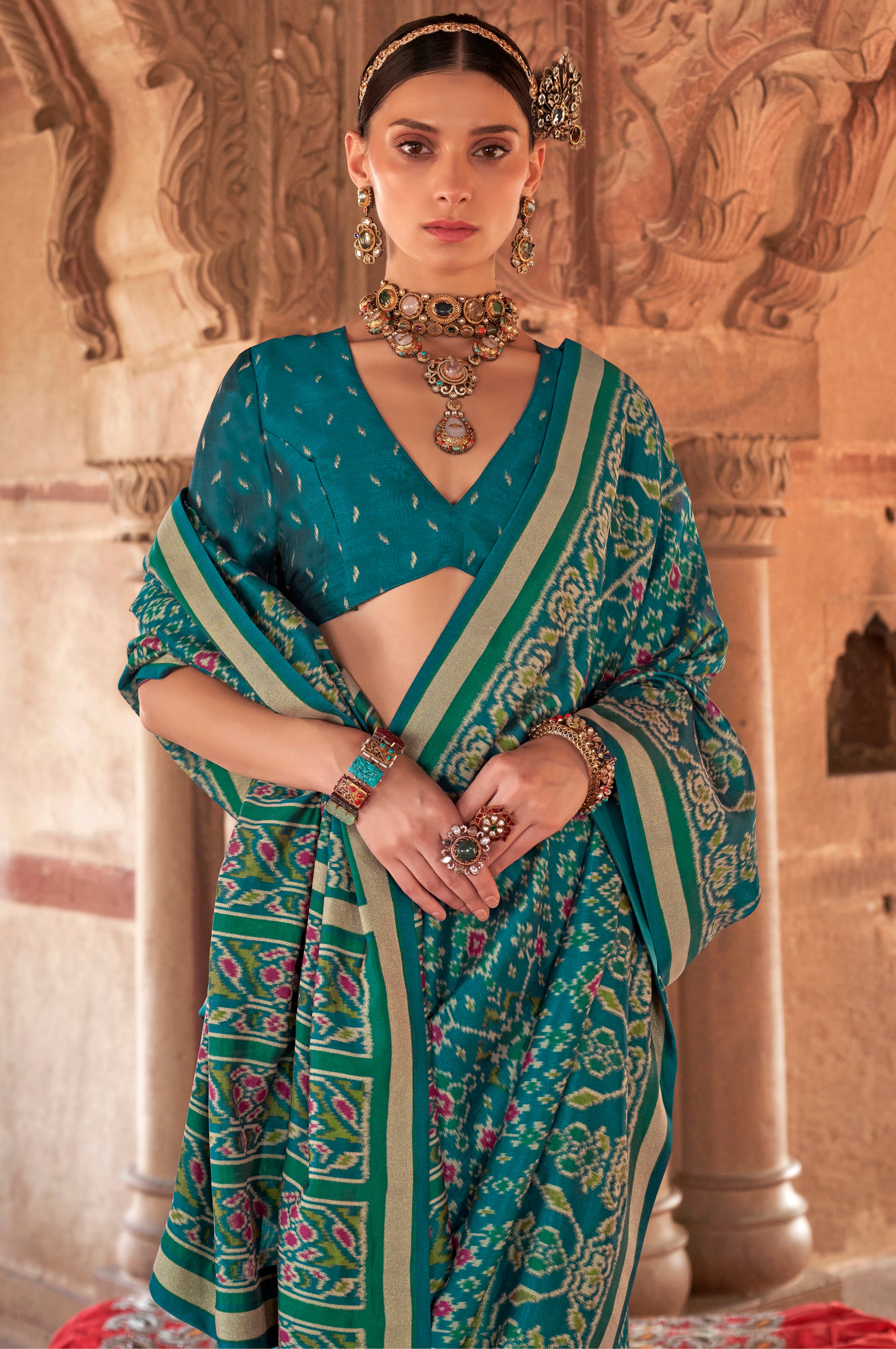 Teal Super Georgette Saree With Patola Print