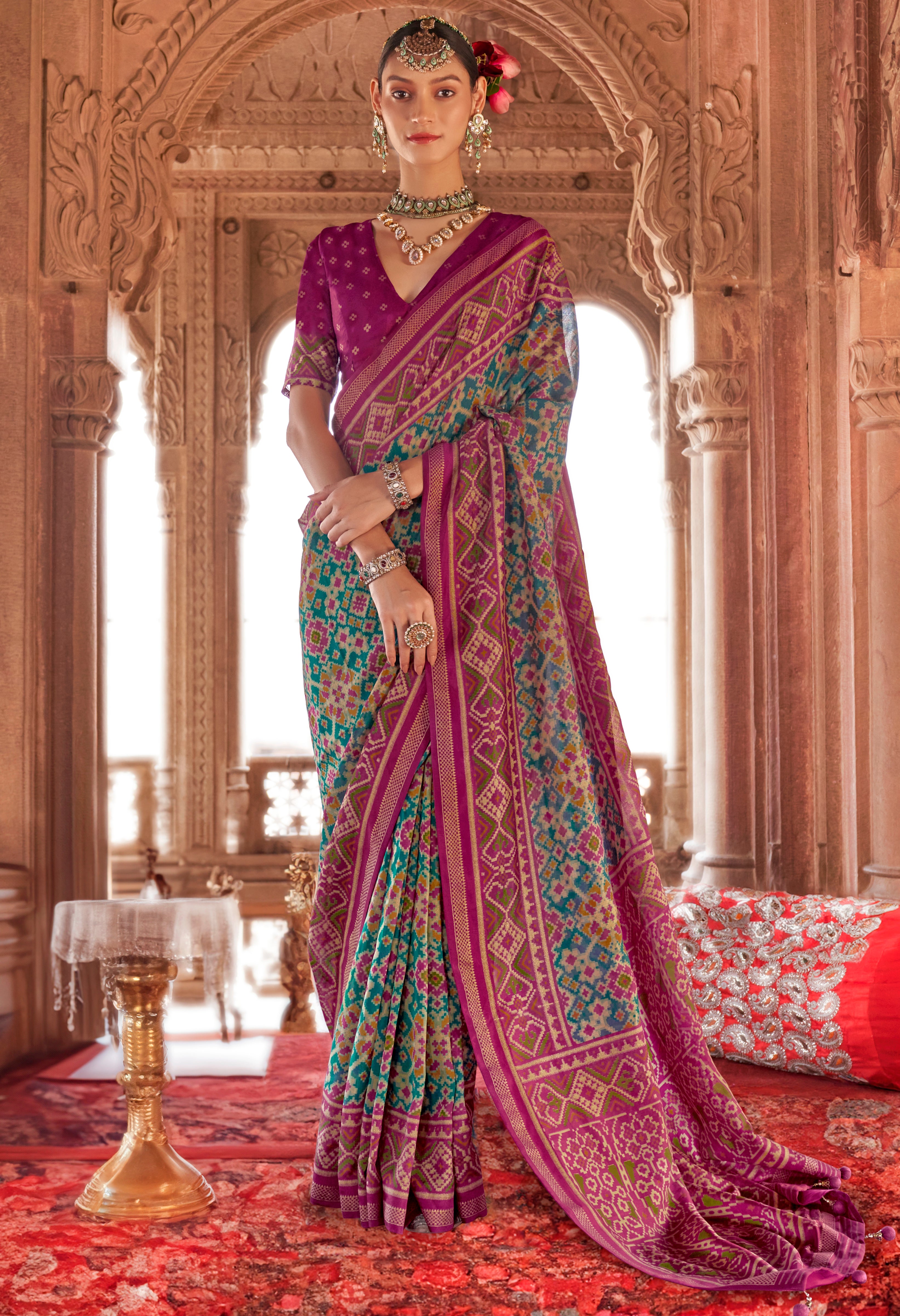 Teal Super Georgette Saree With Patola Print