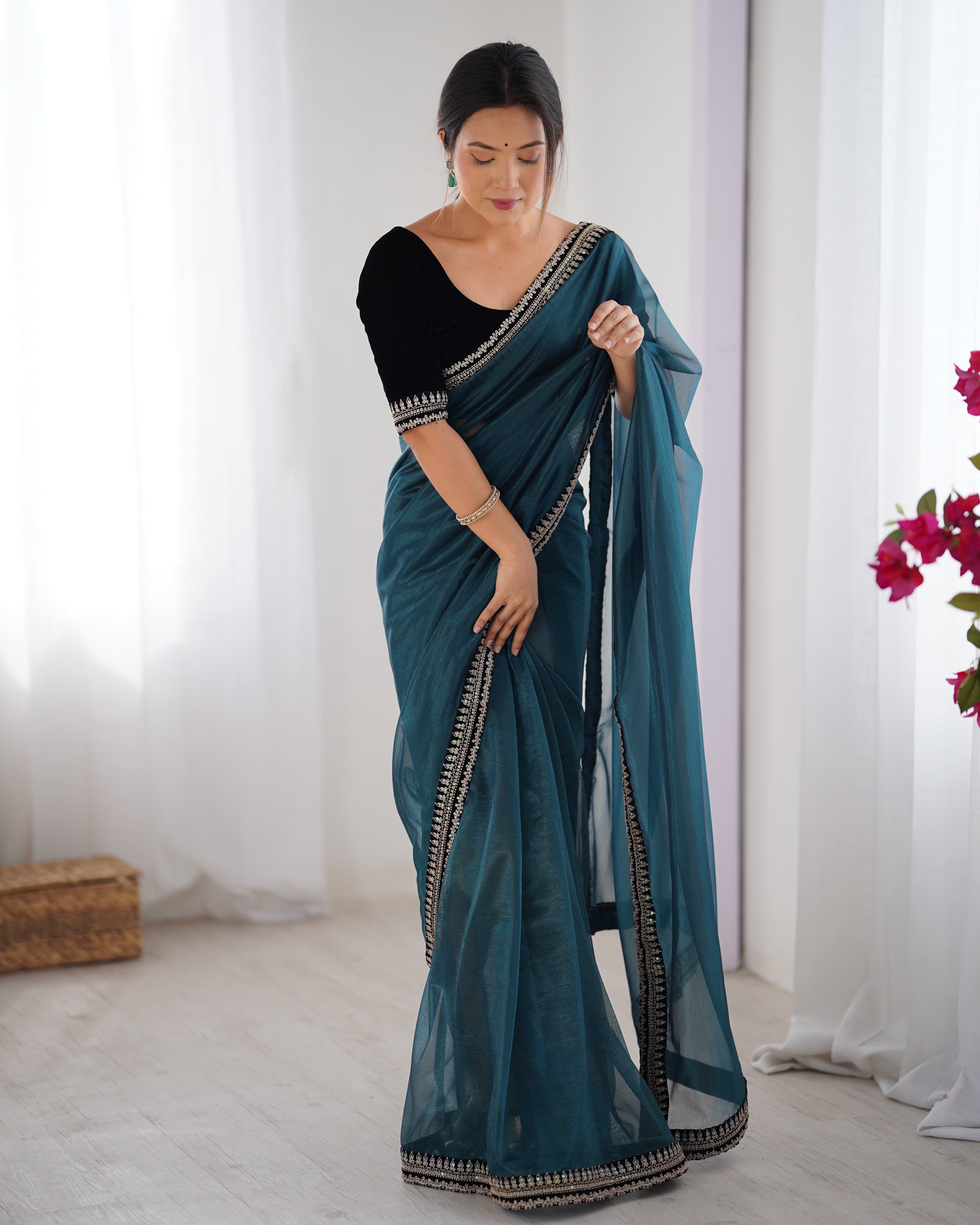 Teal Twill Net Beautiful Sophisticated Rich Girlie Saree