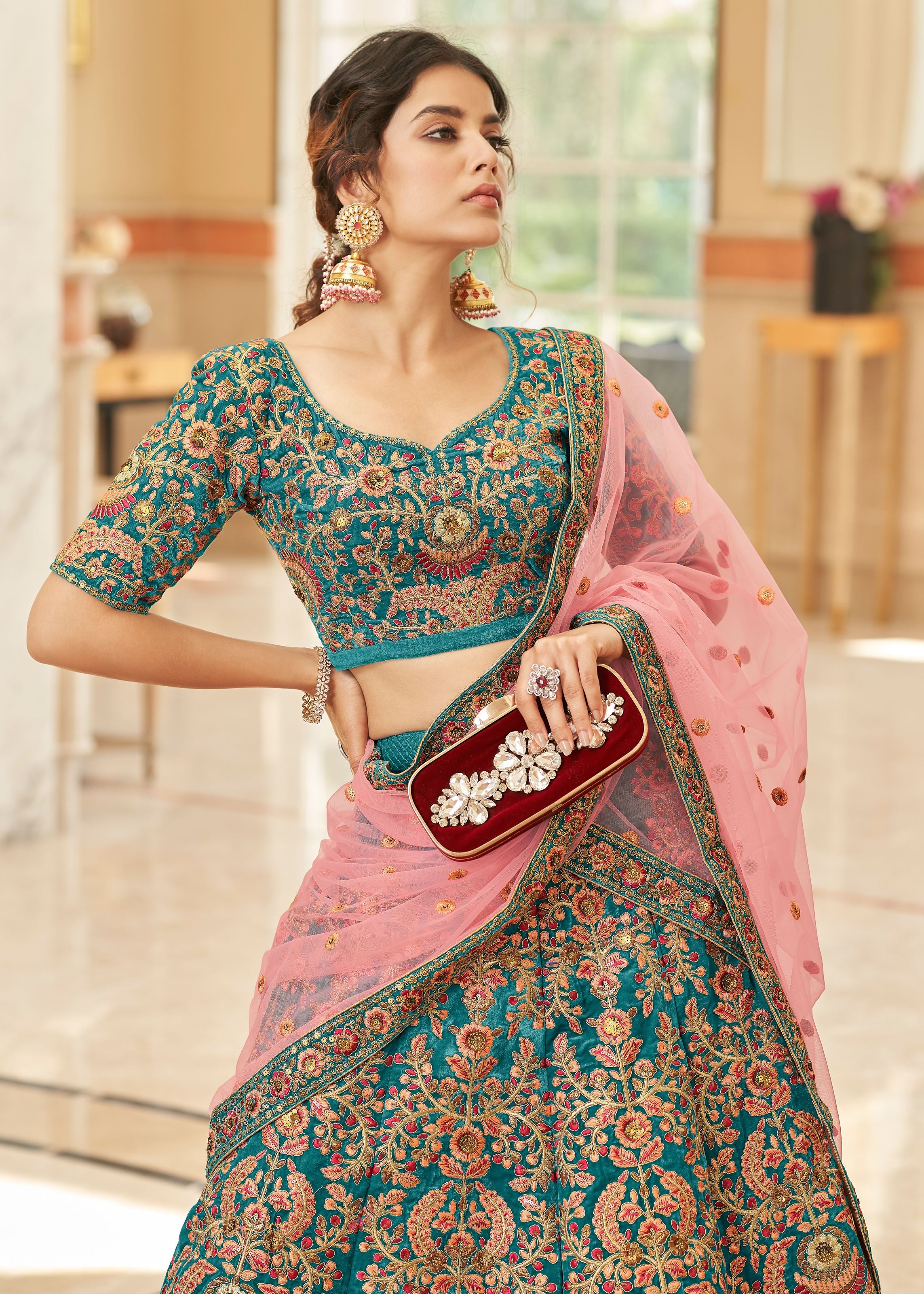 Teal Velvet Lehenga Choli With Thread, Zari, Dori and Sequins Embroidery Work