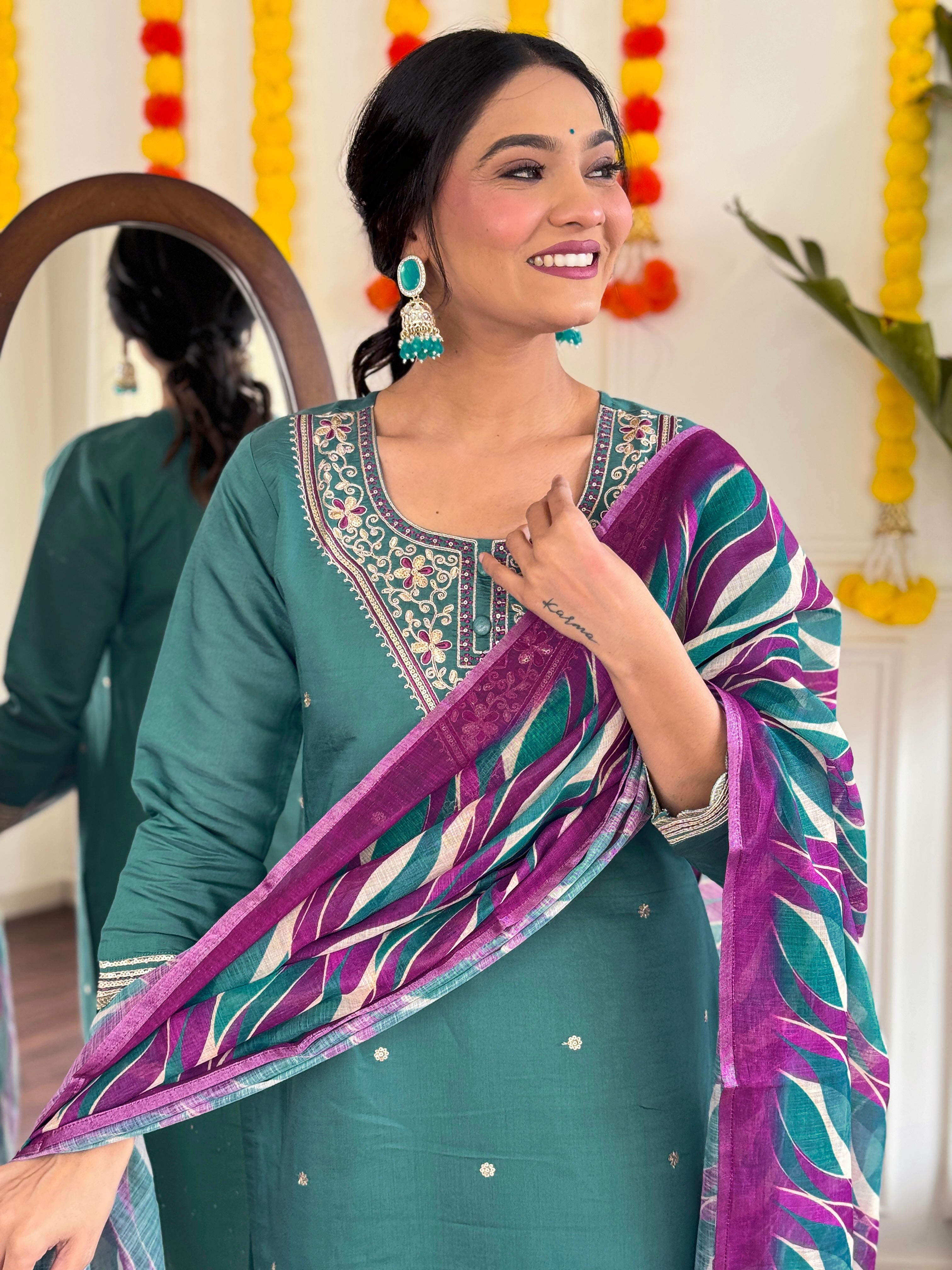 Teal Viscose Chanderi Kurta Pant With Embroidery Work And Printed Dupatta