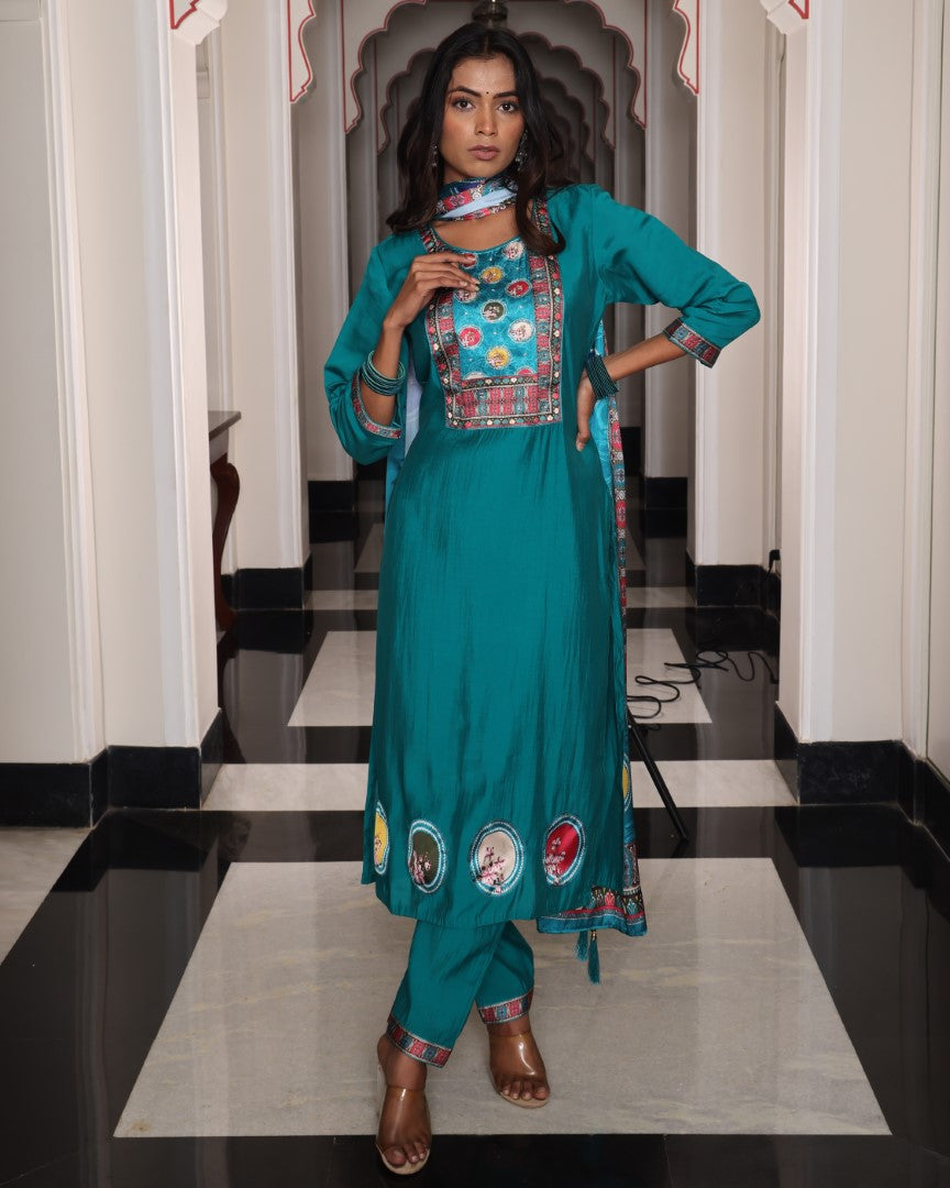 Teal Viscose Shimmer Designer Suit Set With Handcrafted Embroidery