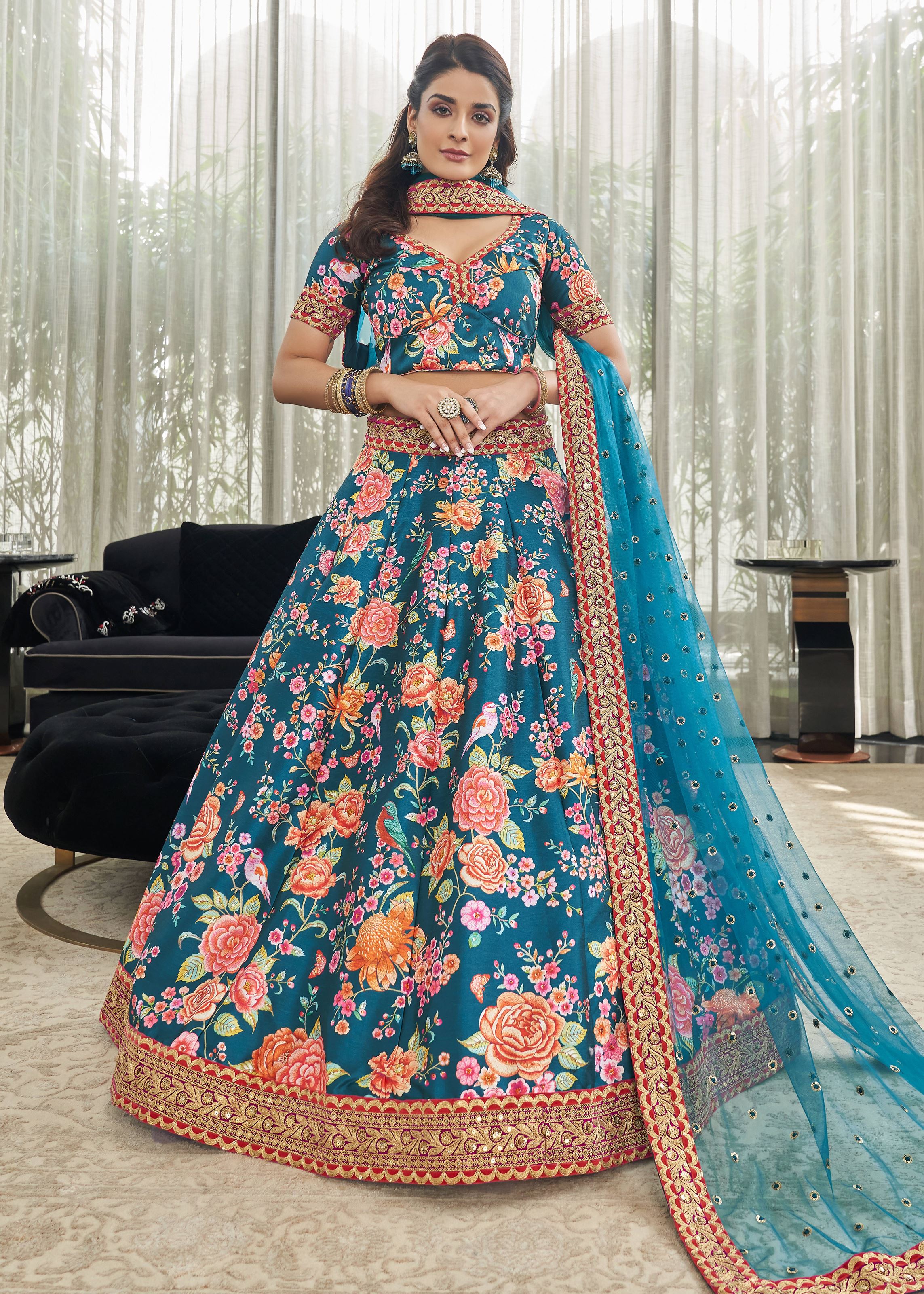 Teal blue Lehenga Choli With Digital Print With Dori, Sequins And Stone Work