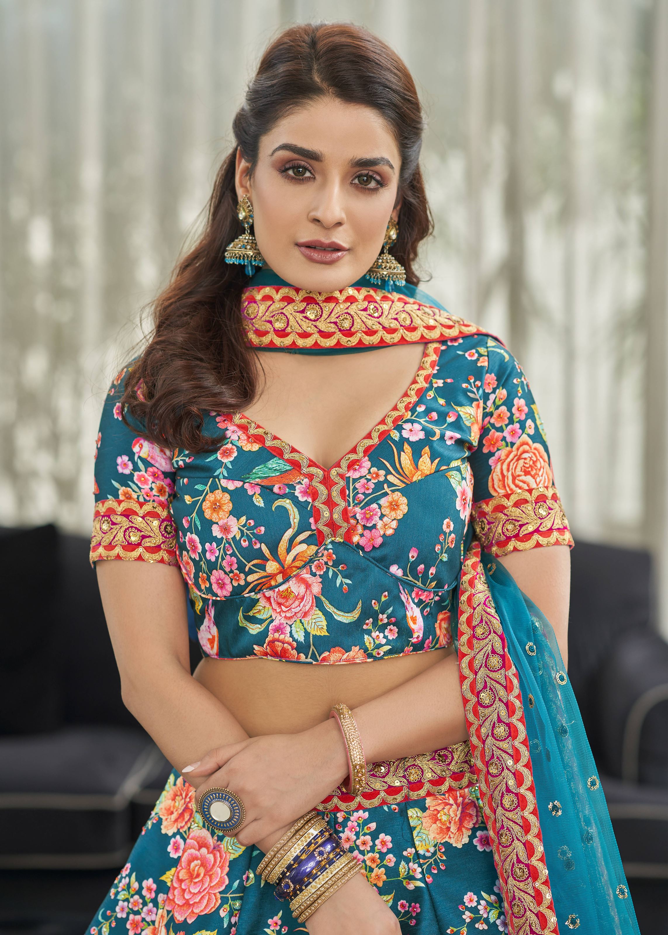 Teal blue Lehenga Choli With Digital Print With Dori, Sequins And Stone Work