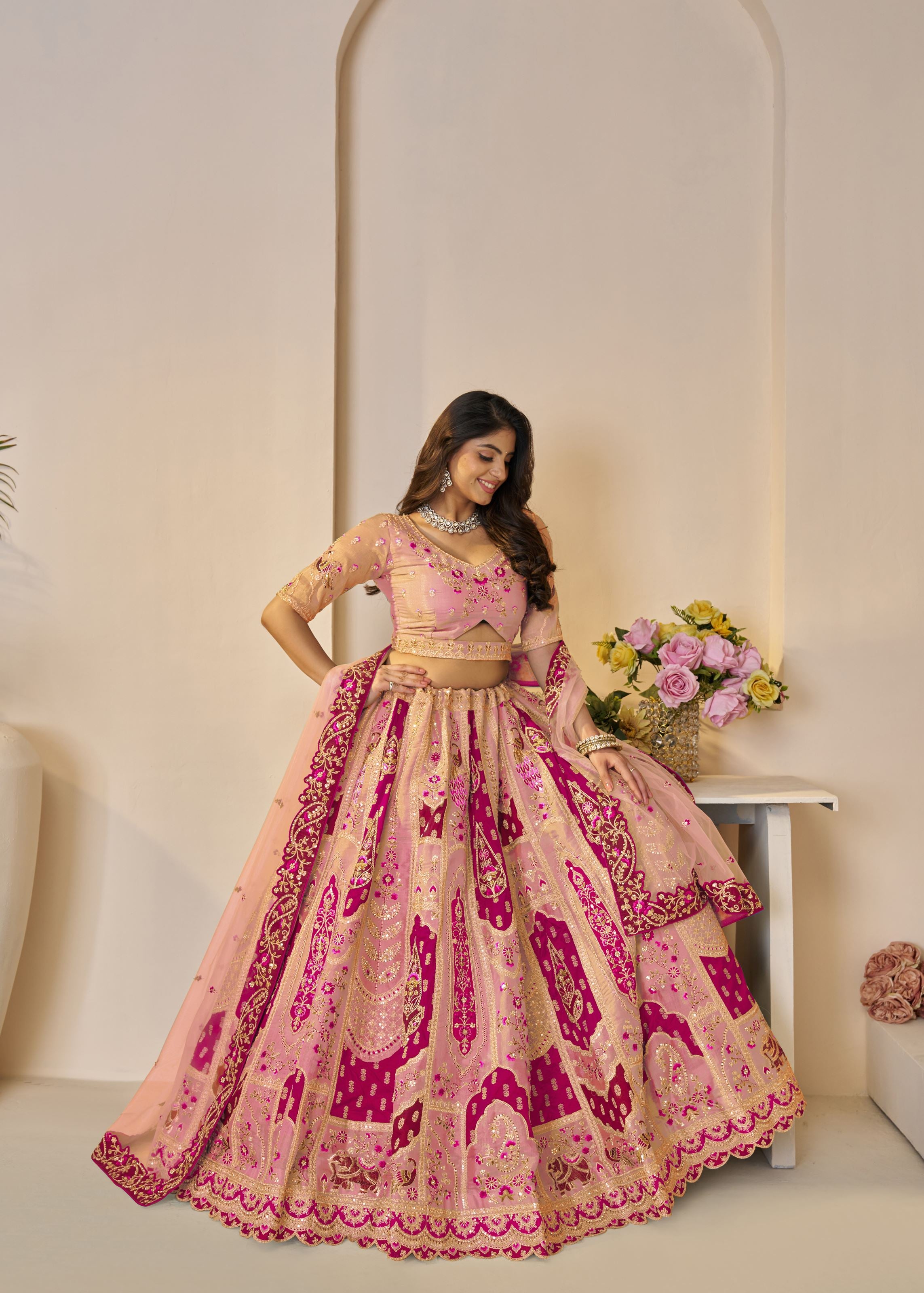 The Rajsi Haathi Collection: Orange Embroidered Banarasi Lehenga