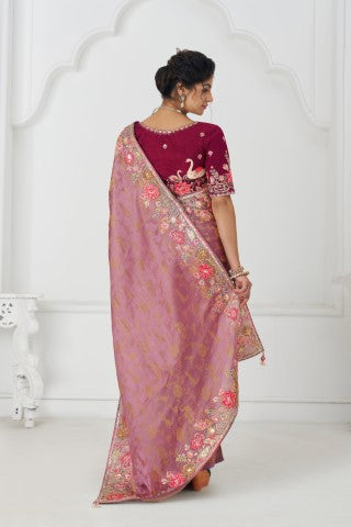 Threaded Blossoms: Pink Saree With Colorful Floral Embroidery