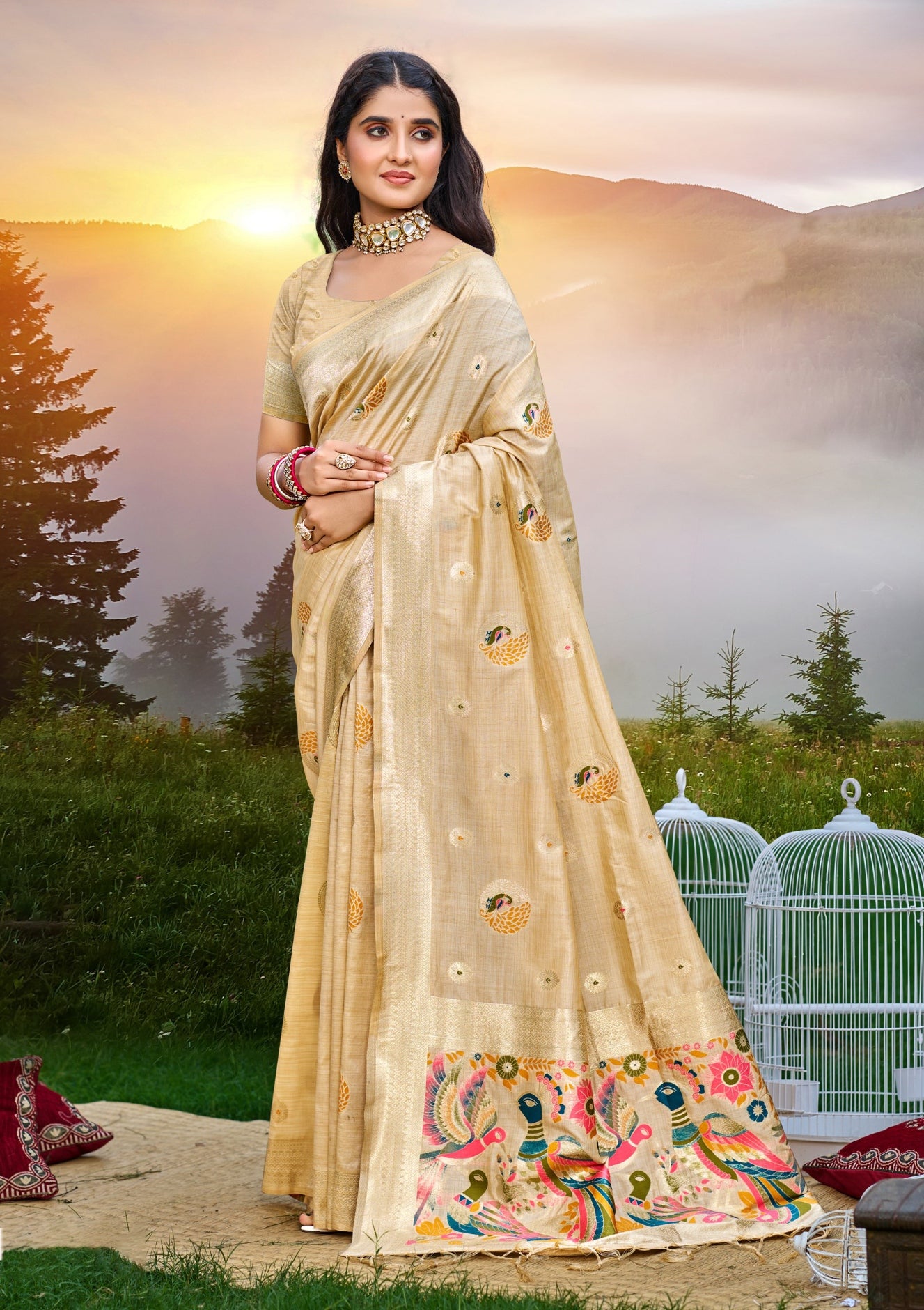 Timeless Cream Assam Silk Meenakari Festival Saree