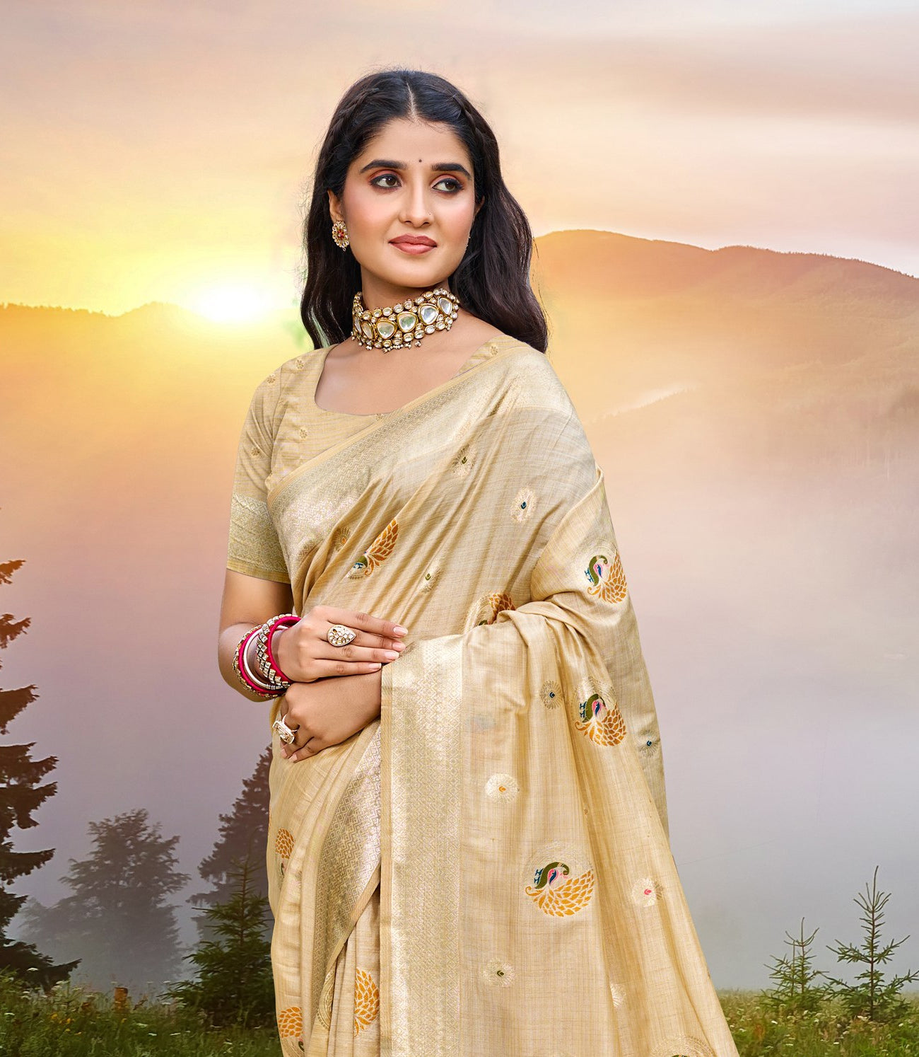 Timeless Cream Assam Silk Meenakari Festival Saree
