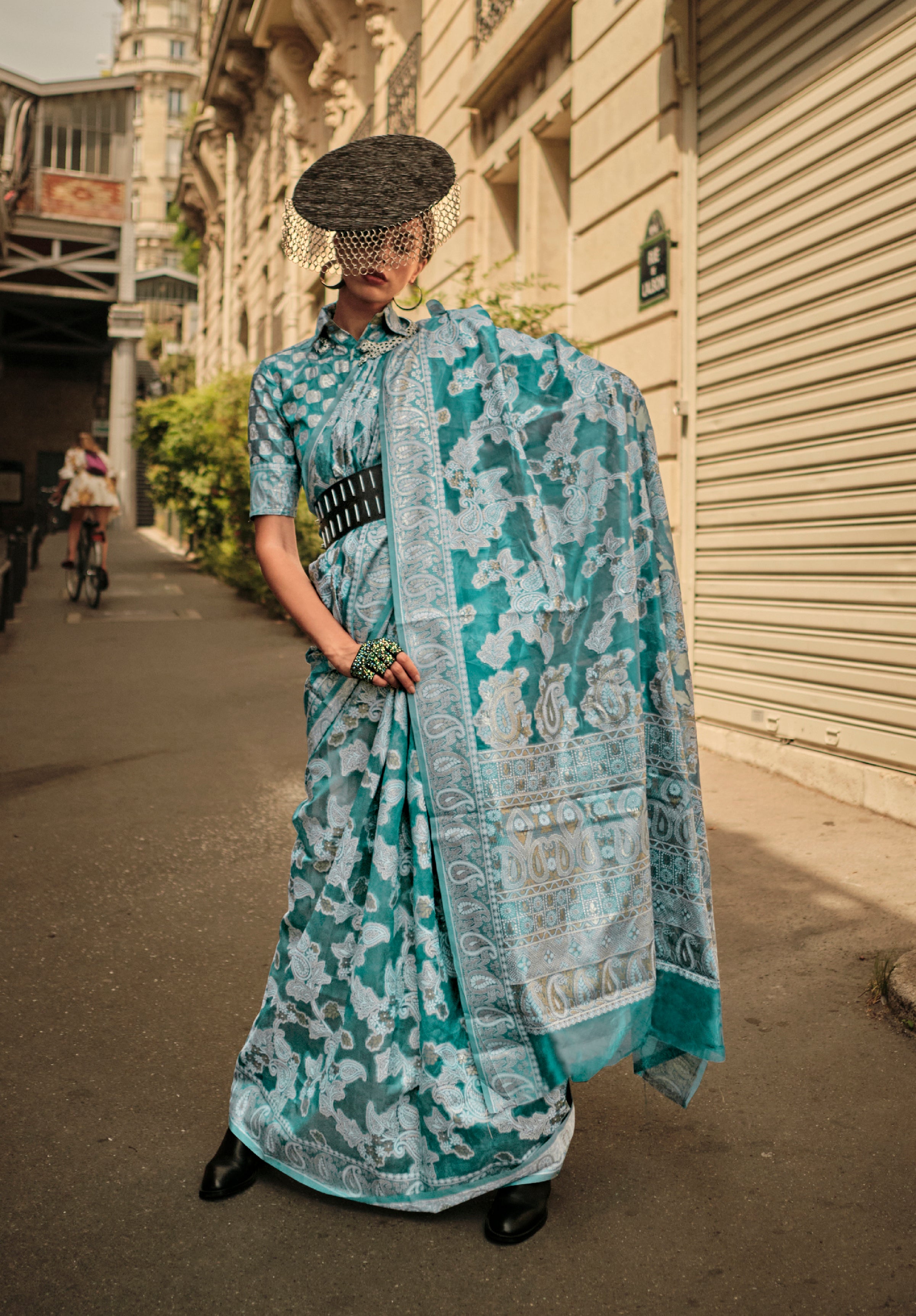 Tourquise Organza Saree With Jacquard Woven Chikankari Work