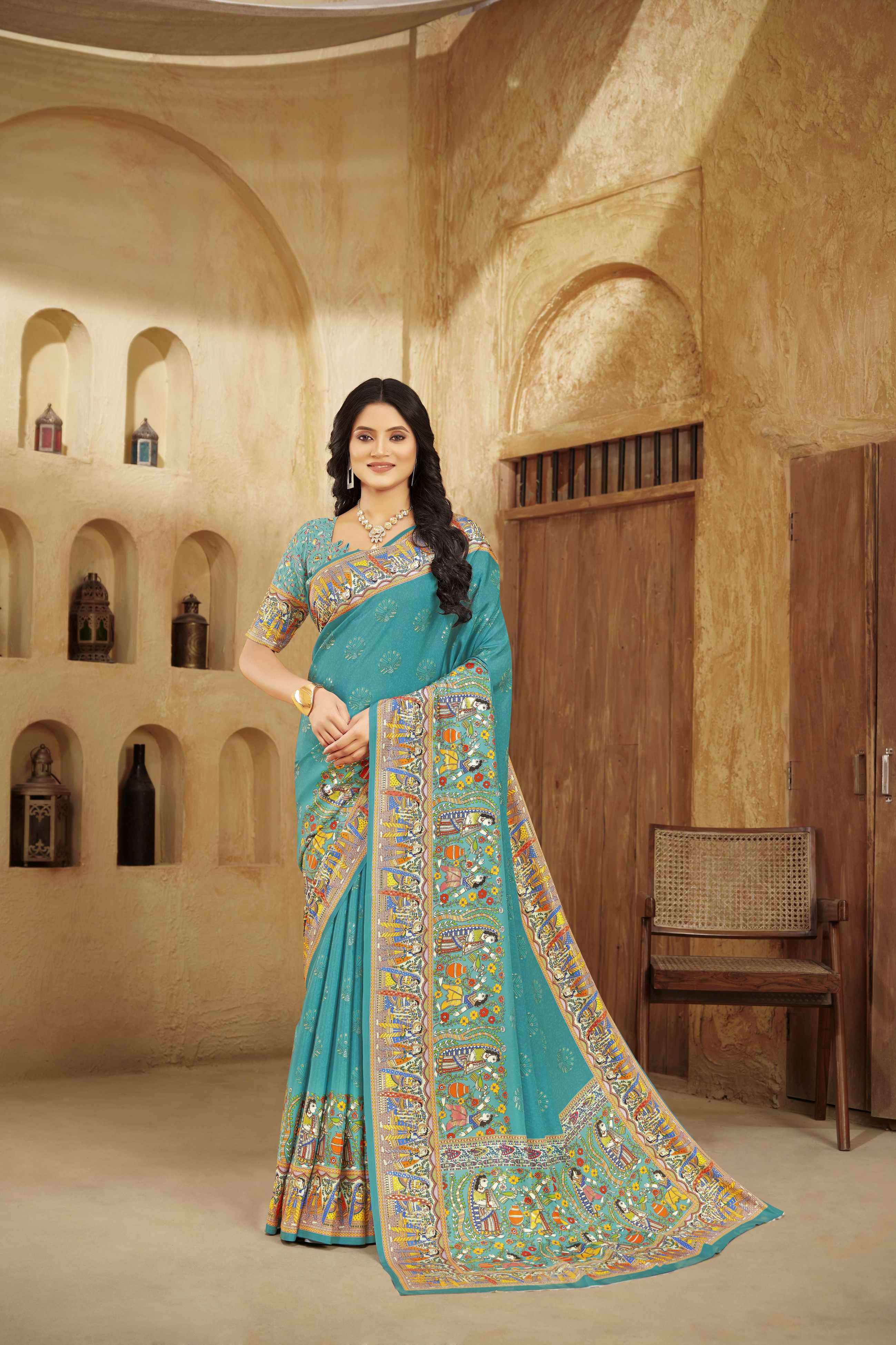 Tourquoise Blue Designer Position Digital Foil Printed Crepe Silk Ethnic Festive Saree