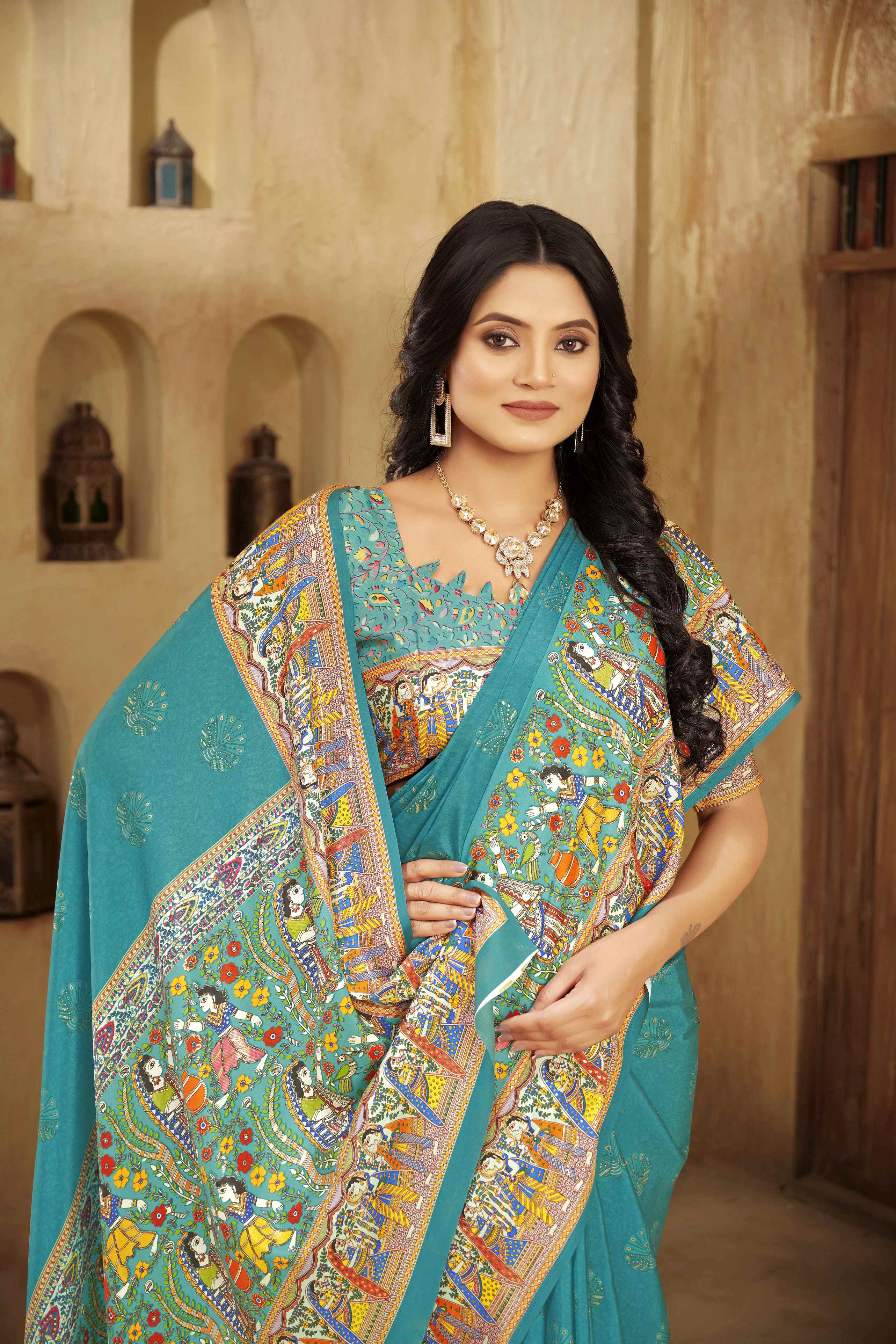 Tourquoise Blue Designer Position Digital Foil Printed Crepe Silk Ethnic Festive Saree