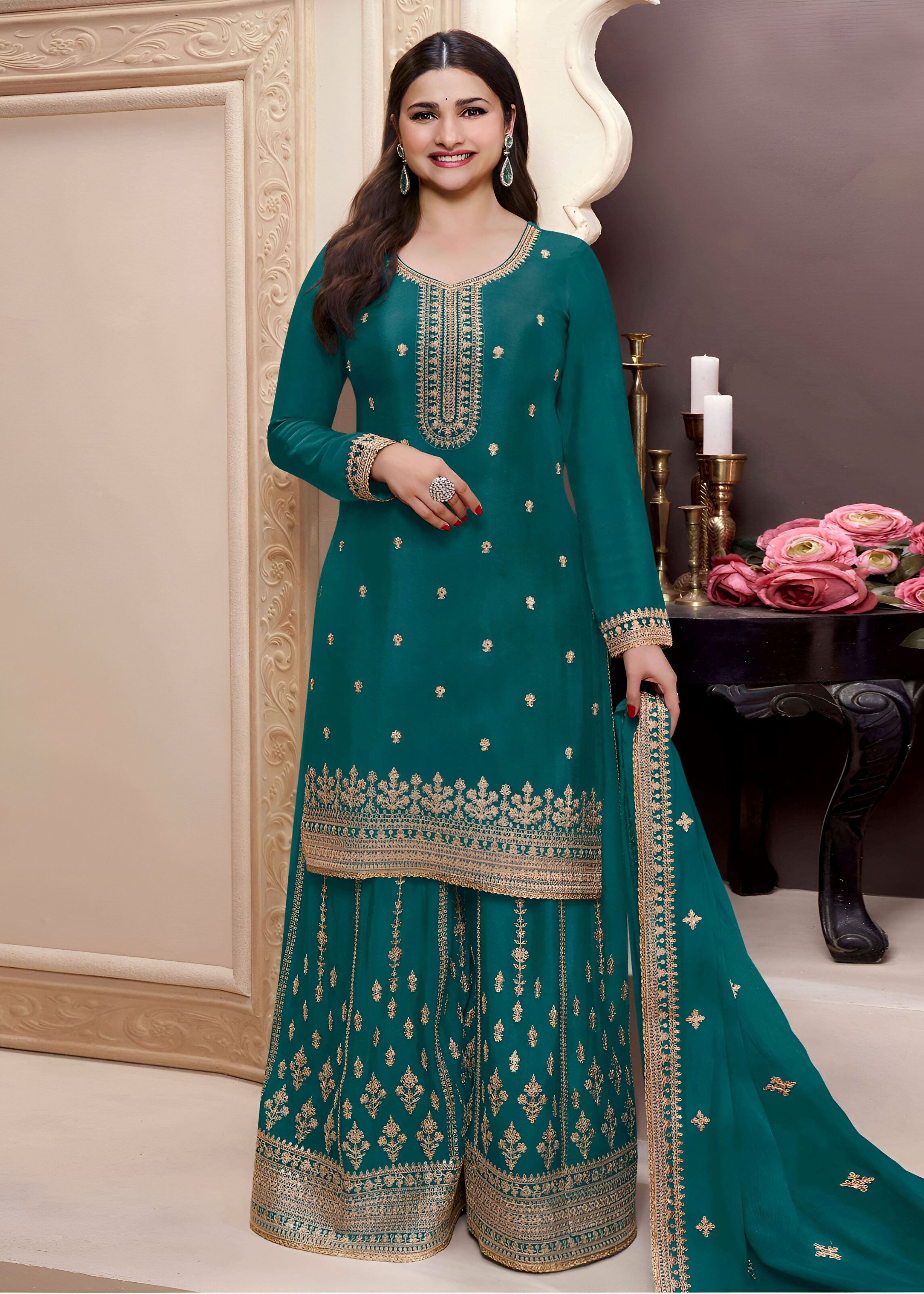 Tourquoise Heavy Designer Suit With Heavy Embroidery Work