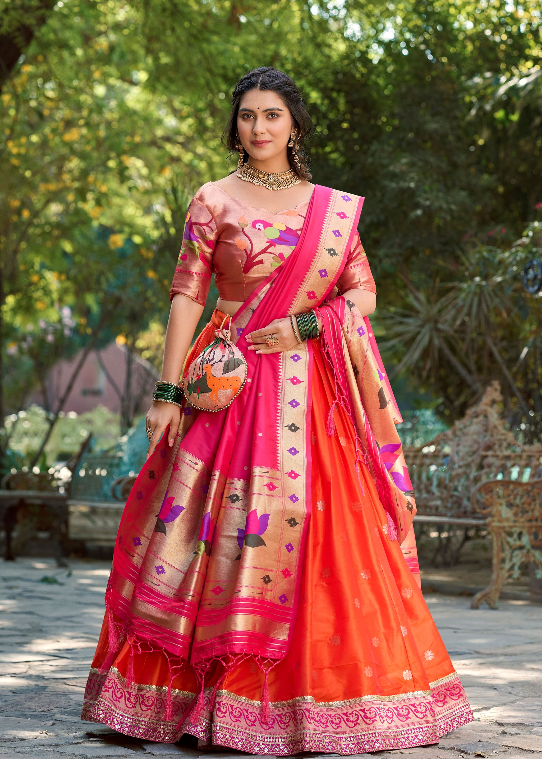 Traditional Grace In Orange Paithani Inspired Jacquard Silk Lehenga With Zari Detailing