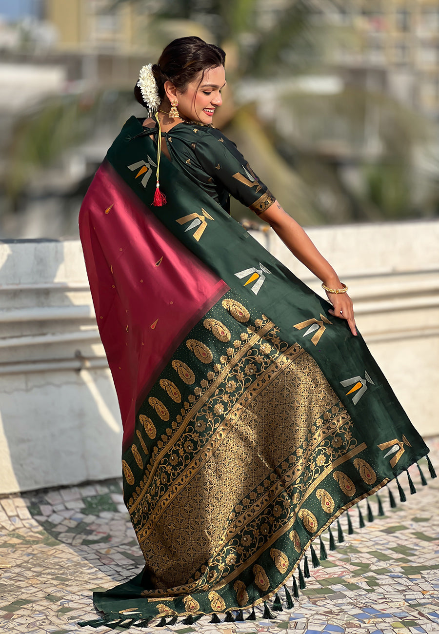 Traditional Woven Balaji Tilak Designer Woven Soft Silk Burgundy Saree