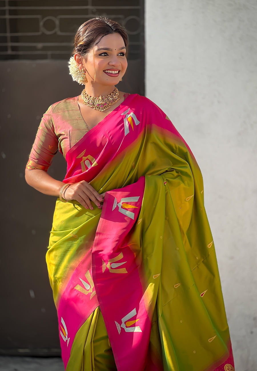 Traditional Woven Balaji Tilak Designer Woven Soft Silk Mahendi Saree
