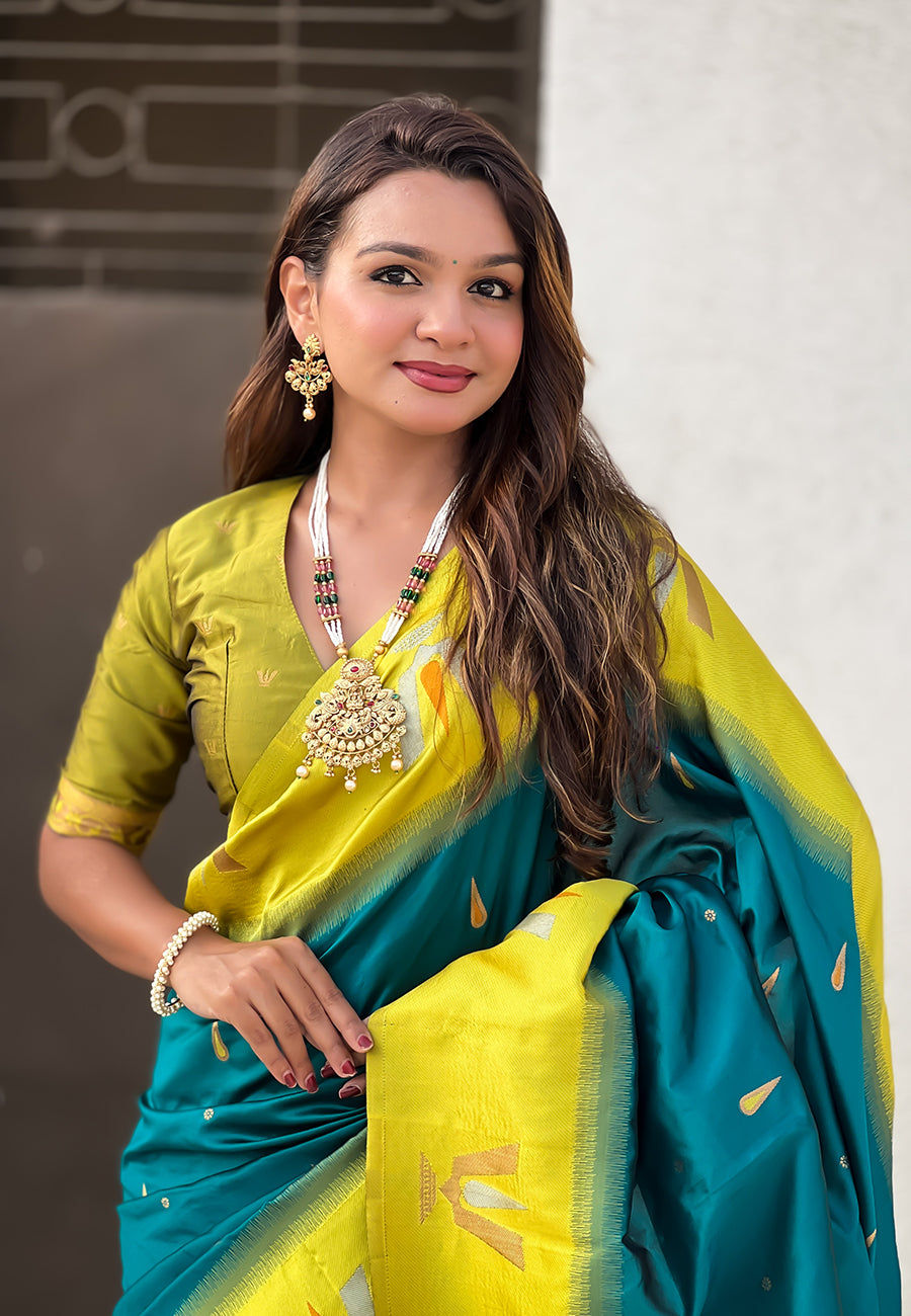 Traditional Woven Balaji Tilak Designer Woven Soft Silk Teal Blue Saree