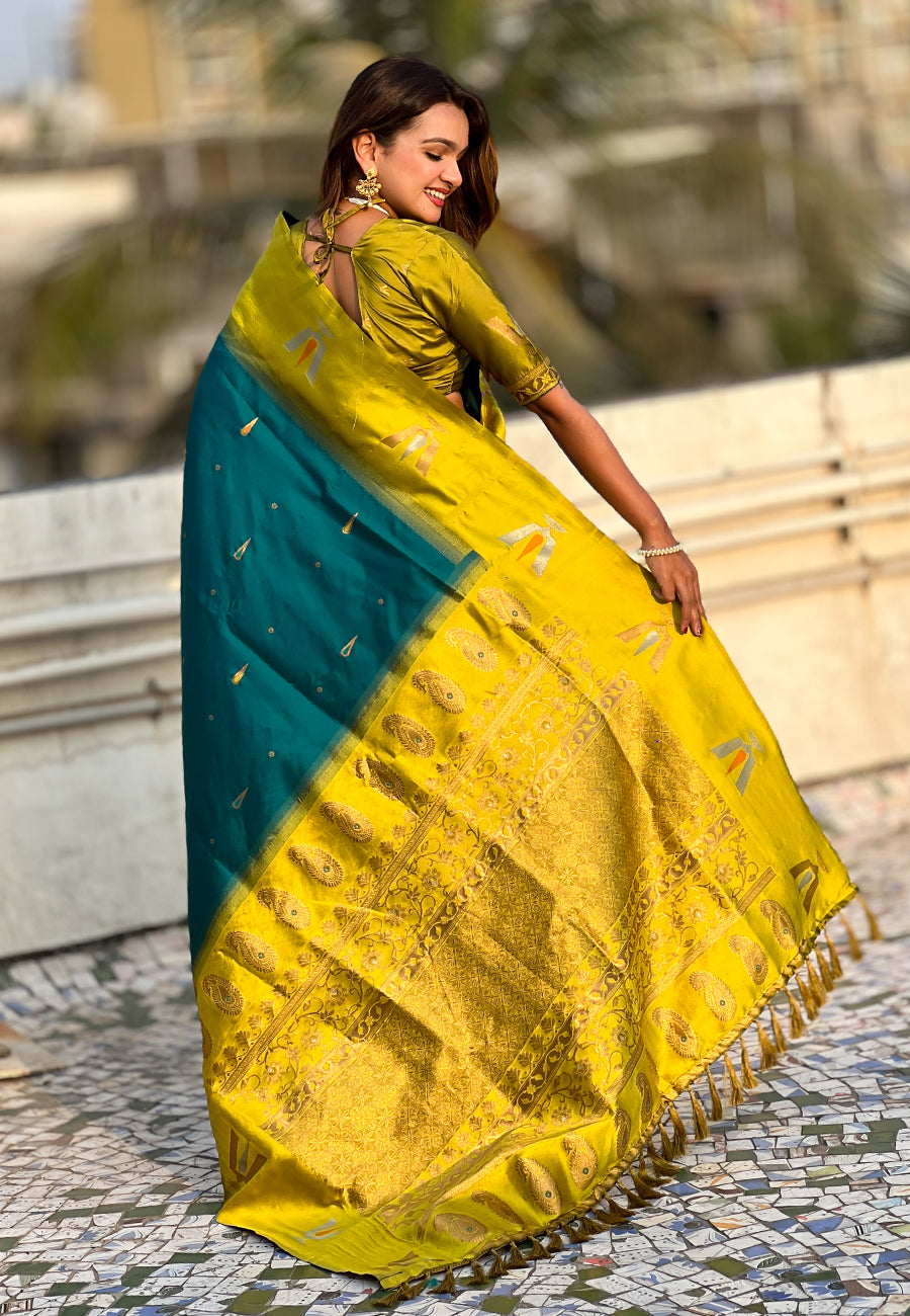 Traditional Woven Balaji Tilak Designer Woven Soft Silk Teal Blue Saree