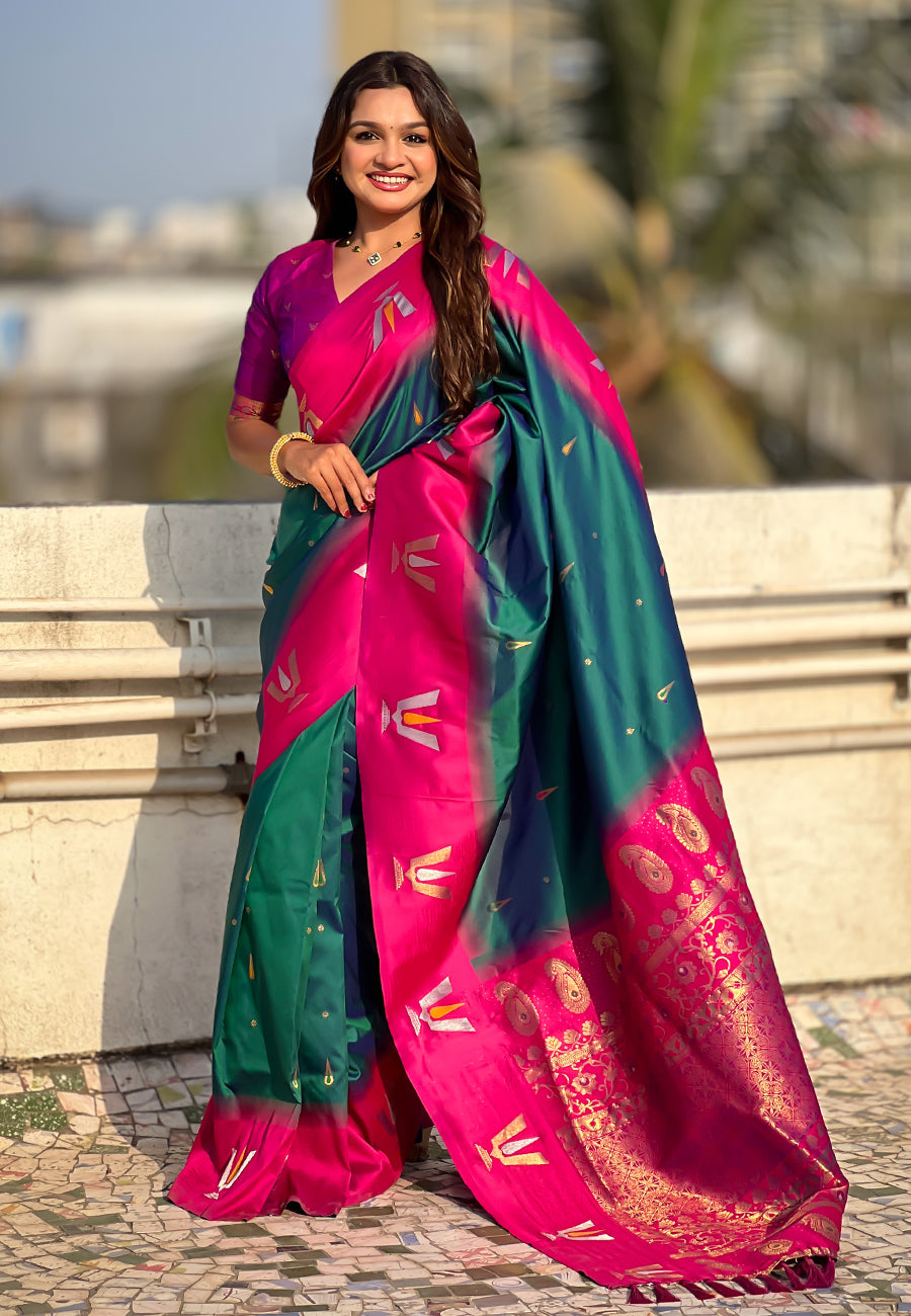 Traditional Woven Balaji Tilak Designer Woven Soft Silk Teal Green Saree