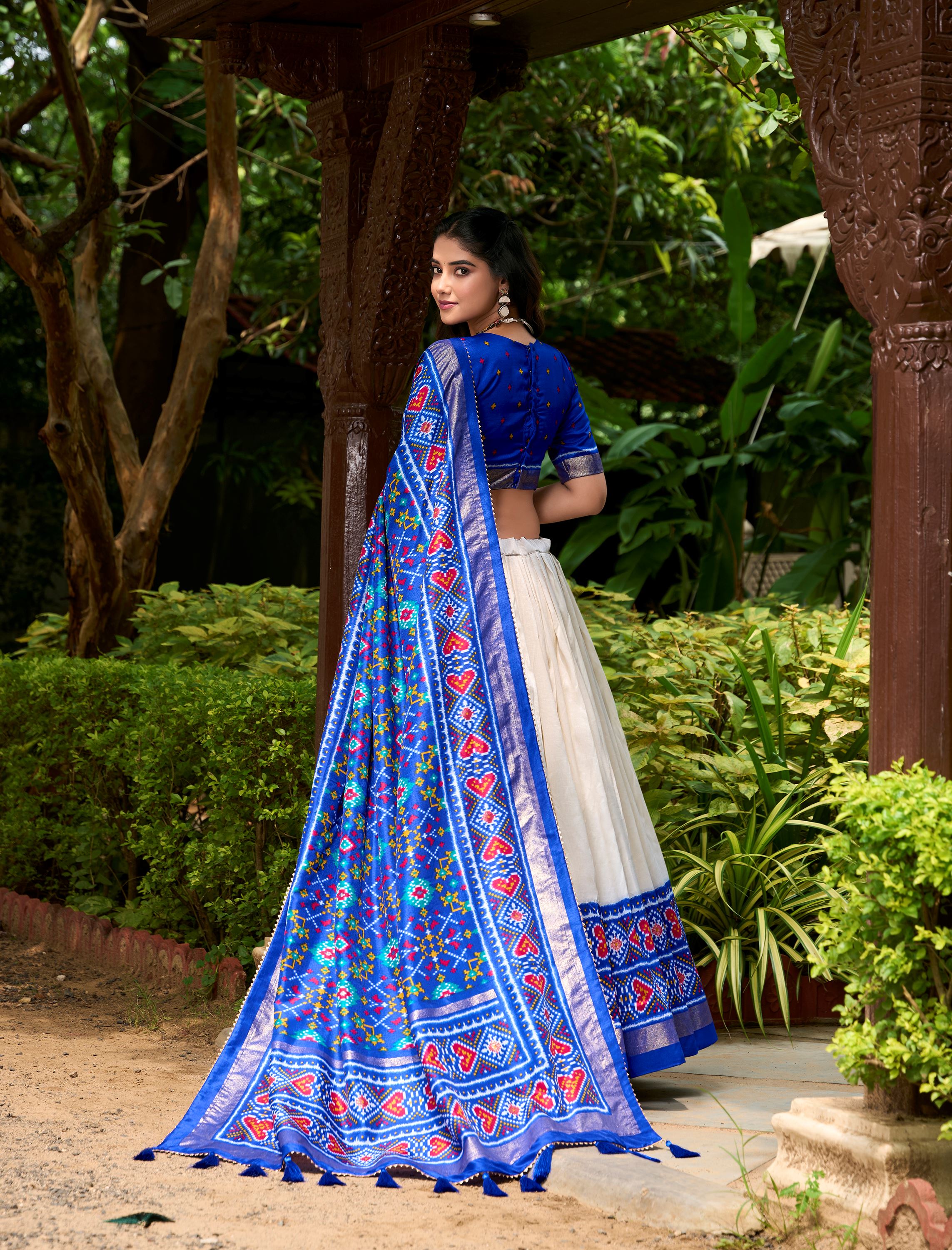 Tradition in Bloom Royal Blue Tussar Silk Lehenga with Royal Patola Print