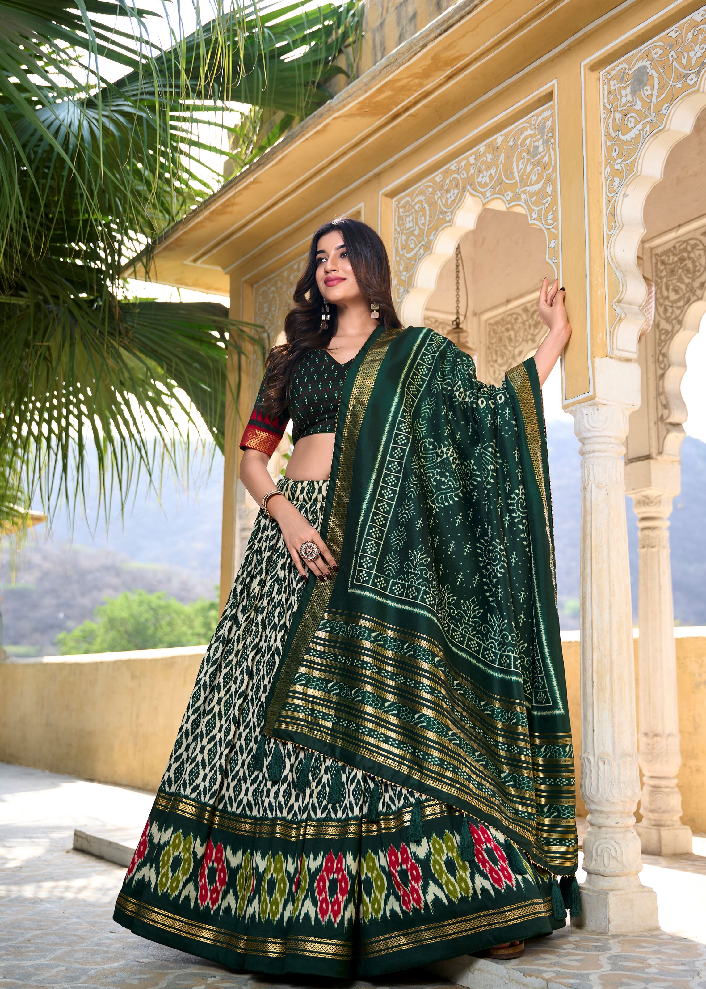 Tradition with a Sparkle Ikkat Printed Green Lehenga in Tussar Silk