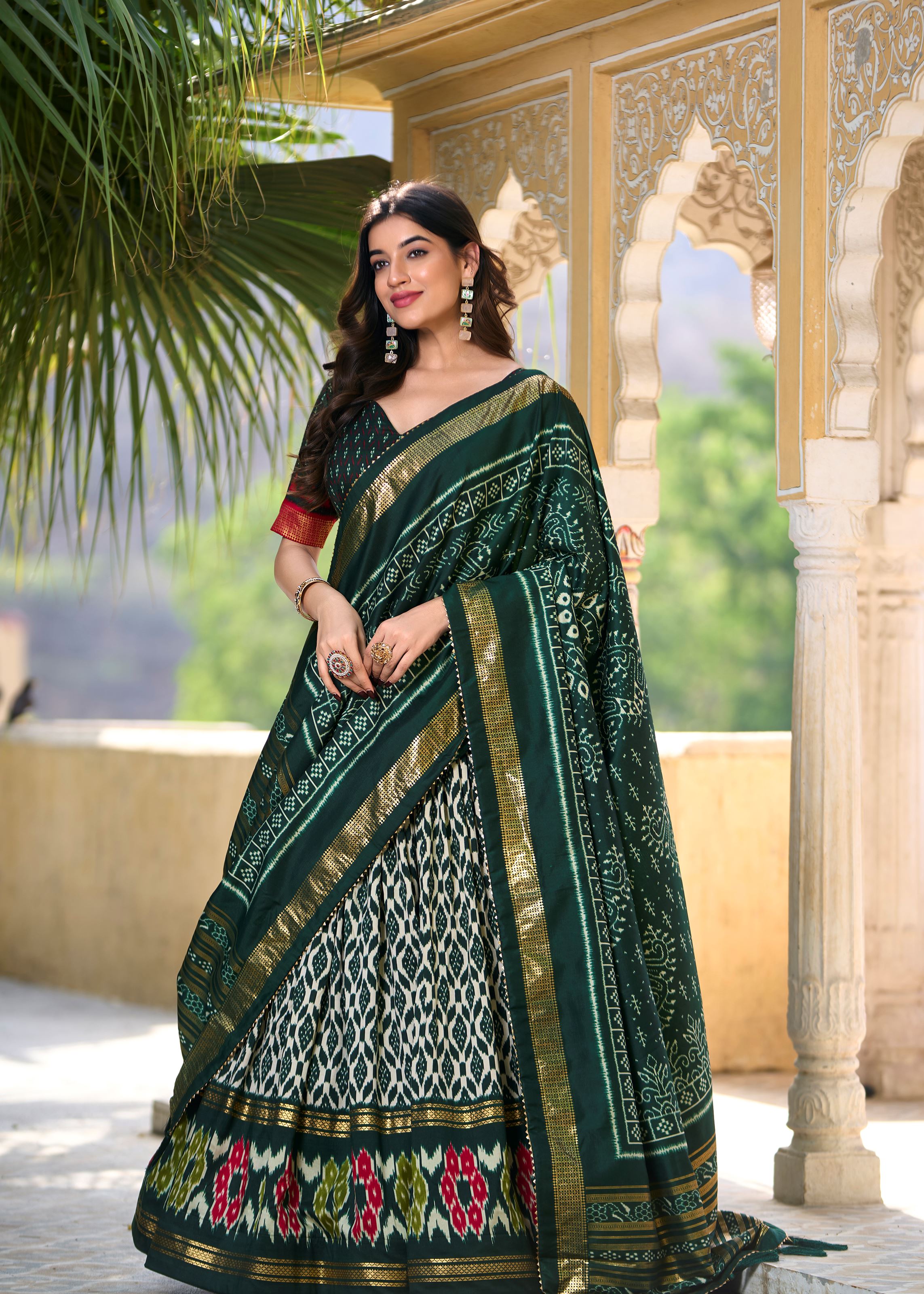 Tradition with a Sparkle Ikkat Printed Green Lehenga in Tussar Silk