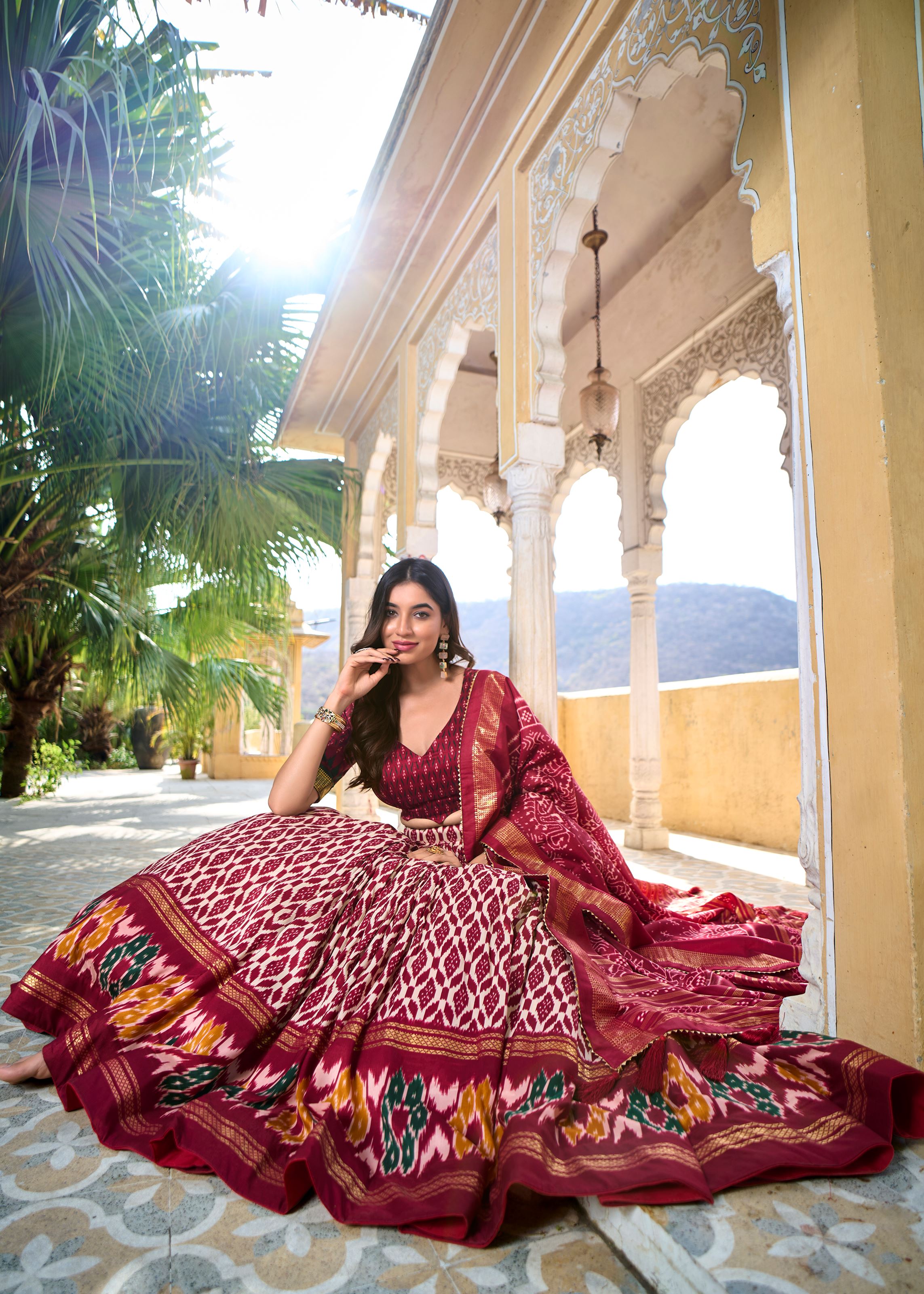 Tradition with a Sparkle Ikkat Printed Maroon Lehenga in Tussar Silk